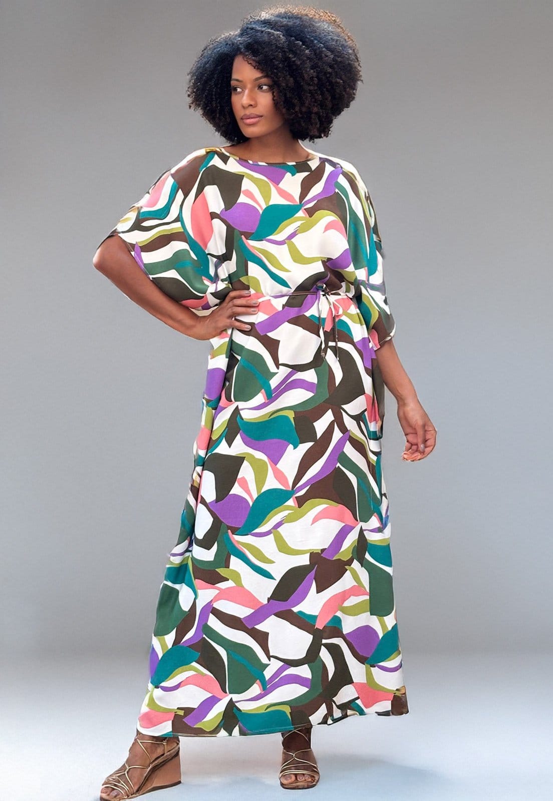 Vista principal Vestido Amazonia Vital Kaftan Viscose Longo Estampa Encanto Botânico Amazonia Vital branco/estampado/verde