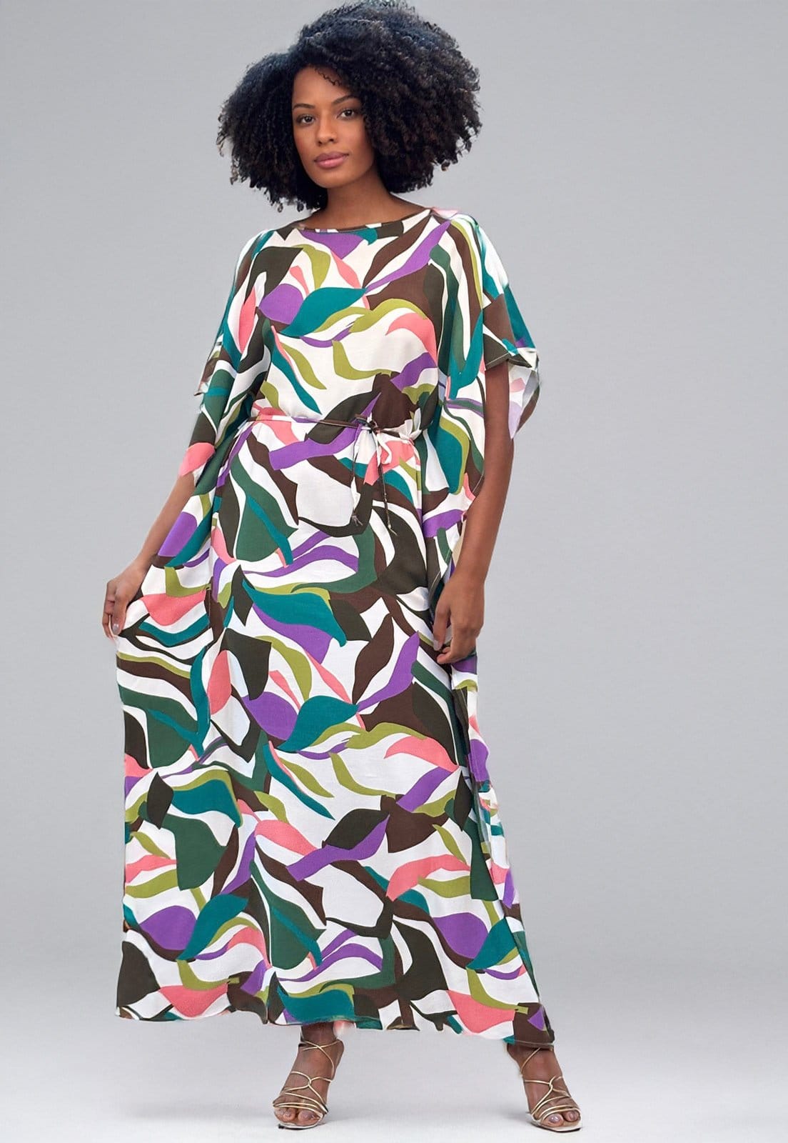 Vista 2 Vestido Amazonia Vital Kaftan Viscose Longo Estampa Encanto Botânico Amazonia Vital branco/estampado/verde