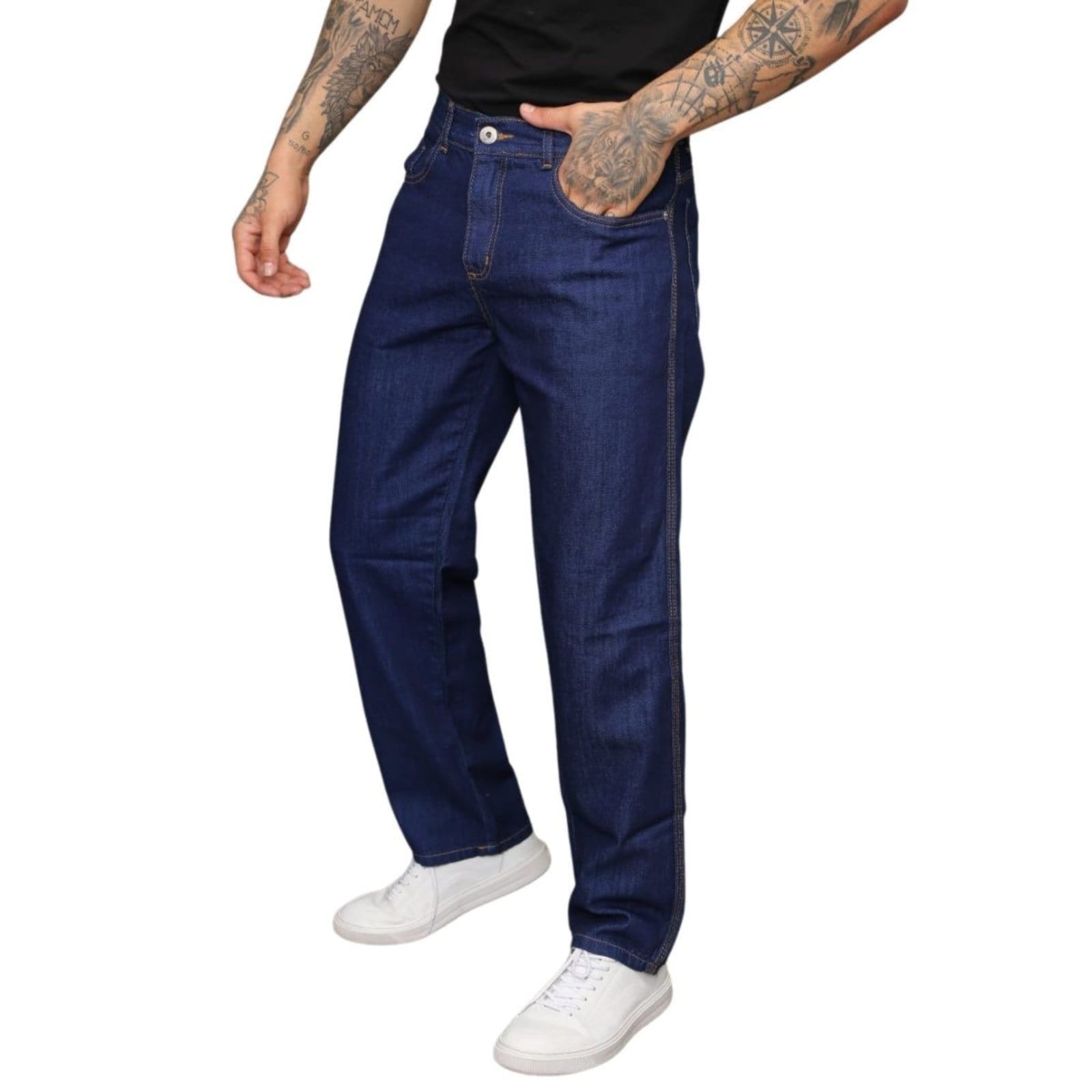 Vista principal Calça Balão Tradicional Escura Masculina Alleppo Jeans azul marinho