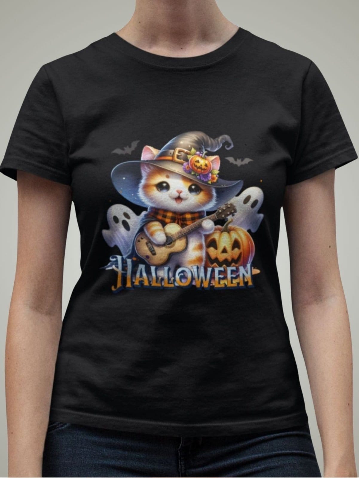 Vista principal Camiseta Básica Feminina Gatinho Bruxo Fofo Halloween Gugi preto