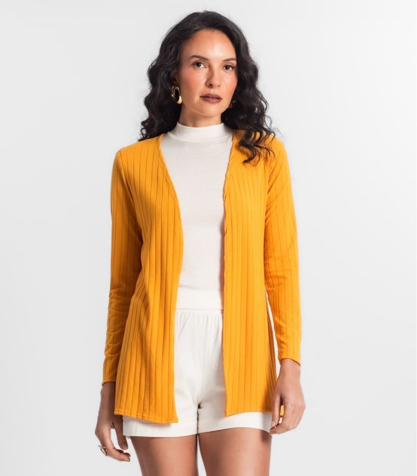Vista 2 Cardigan Feminino Canelado Infinita Cor INFINITA COR amarelo