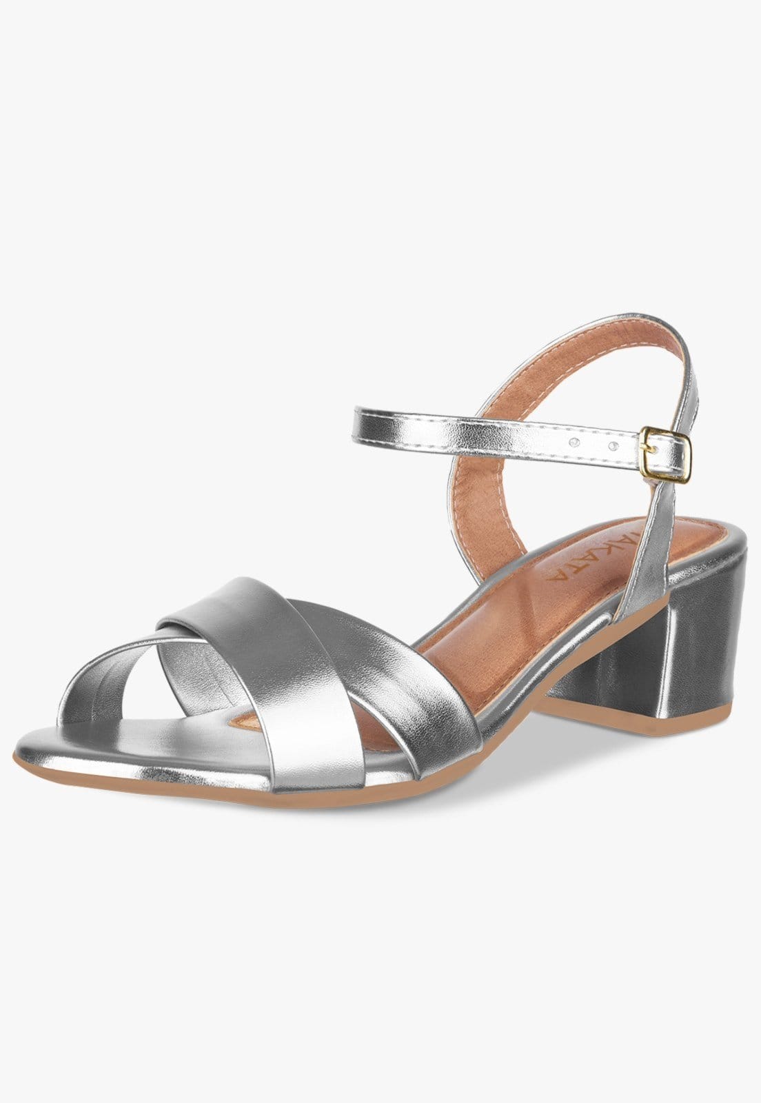 Sandália Feminina Salto Bloco Baixo Fivela Tiras Cruzadas Metalizada