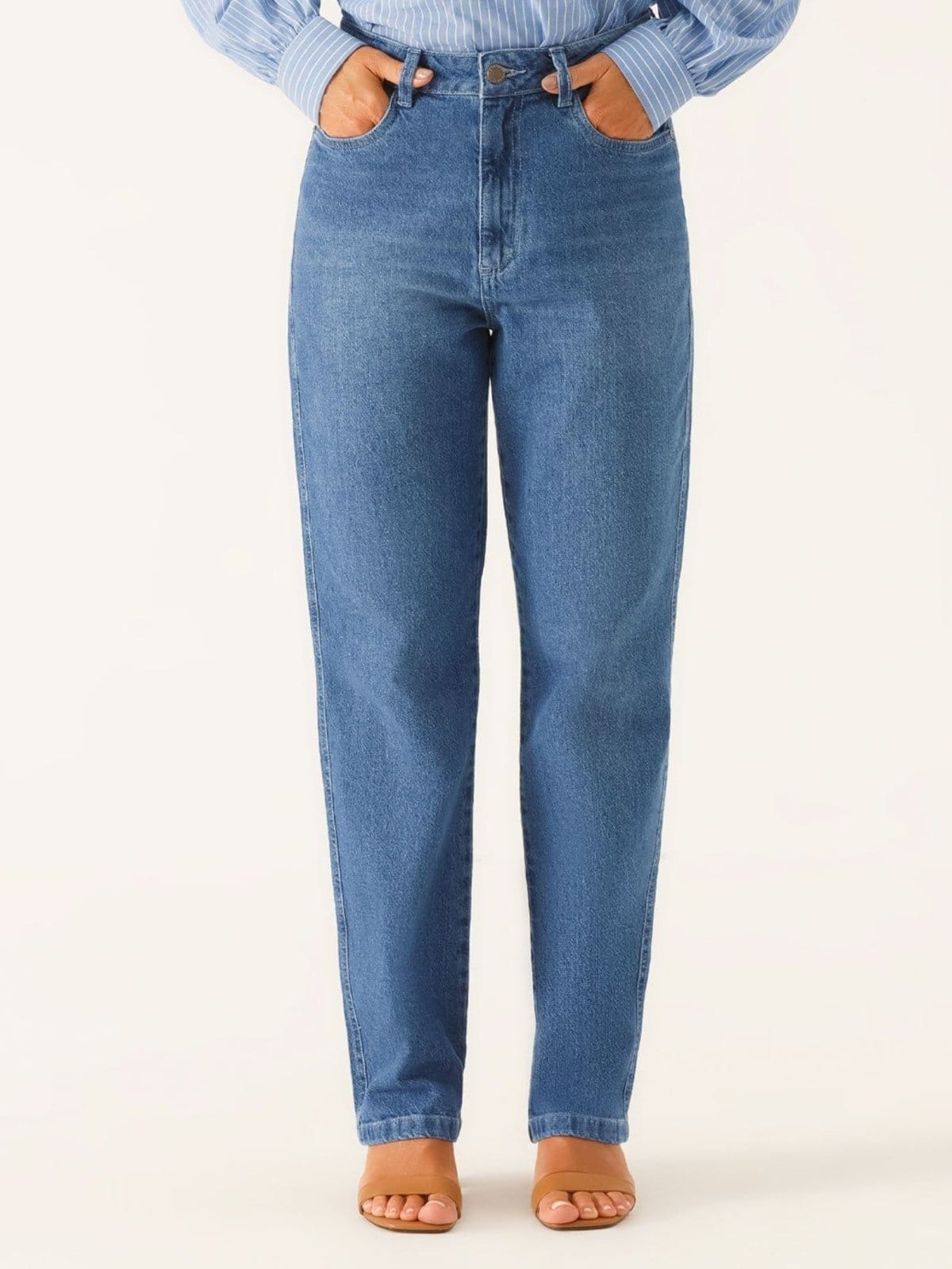 Vista 2 Calça Jeans Reta Regular Azul Médio Vivara Principessa amarelo/azul azul