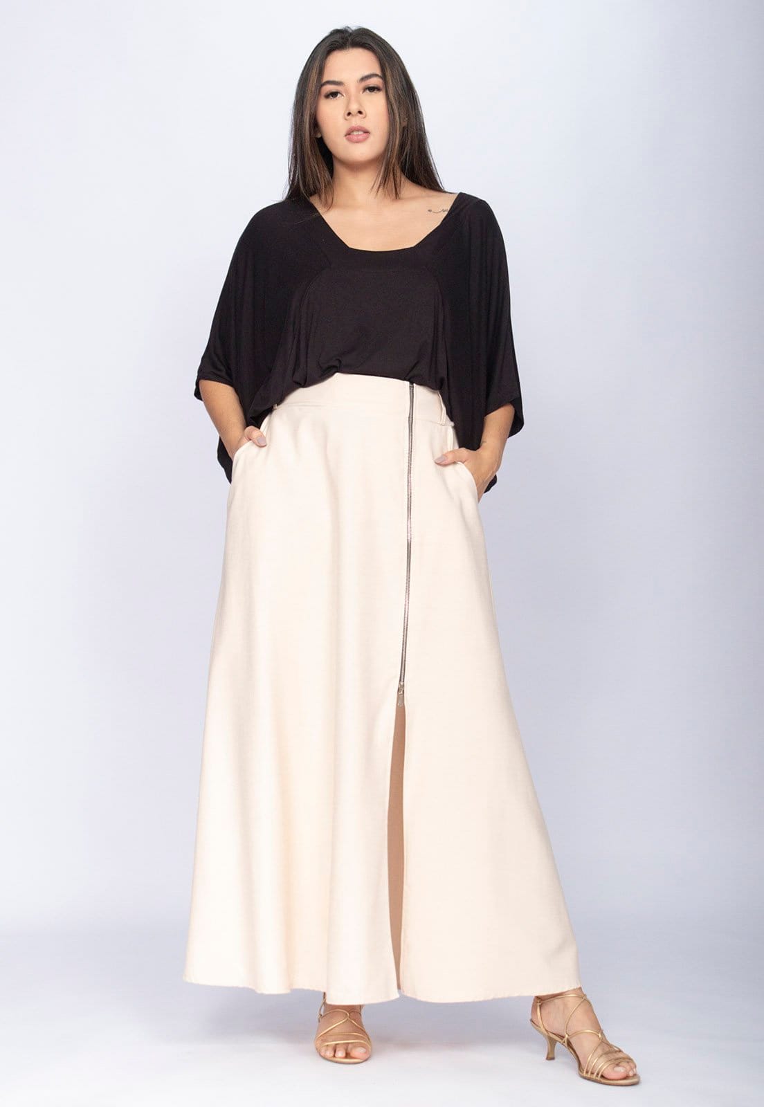 Vista 2 Saia Amazônia Vital Midi com Zíper Creme Amazonia Vital bege