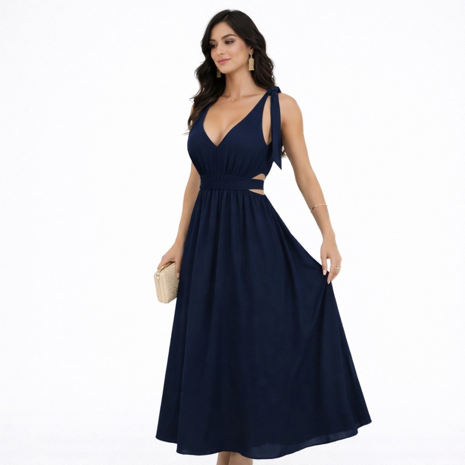 Vestido Longo Feminino em Viscose com Bojo e Amarrações