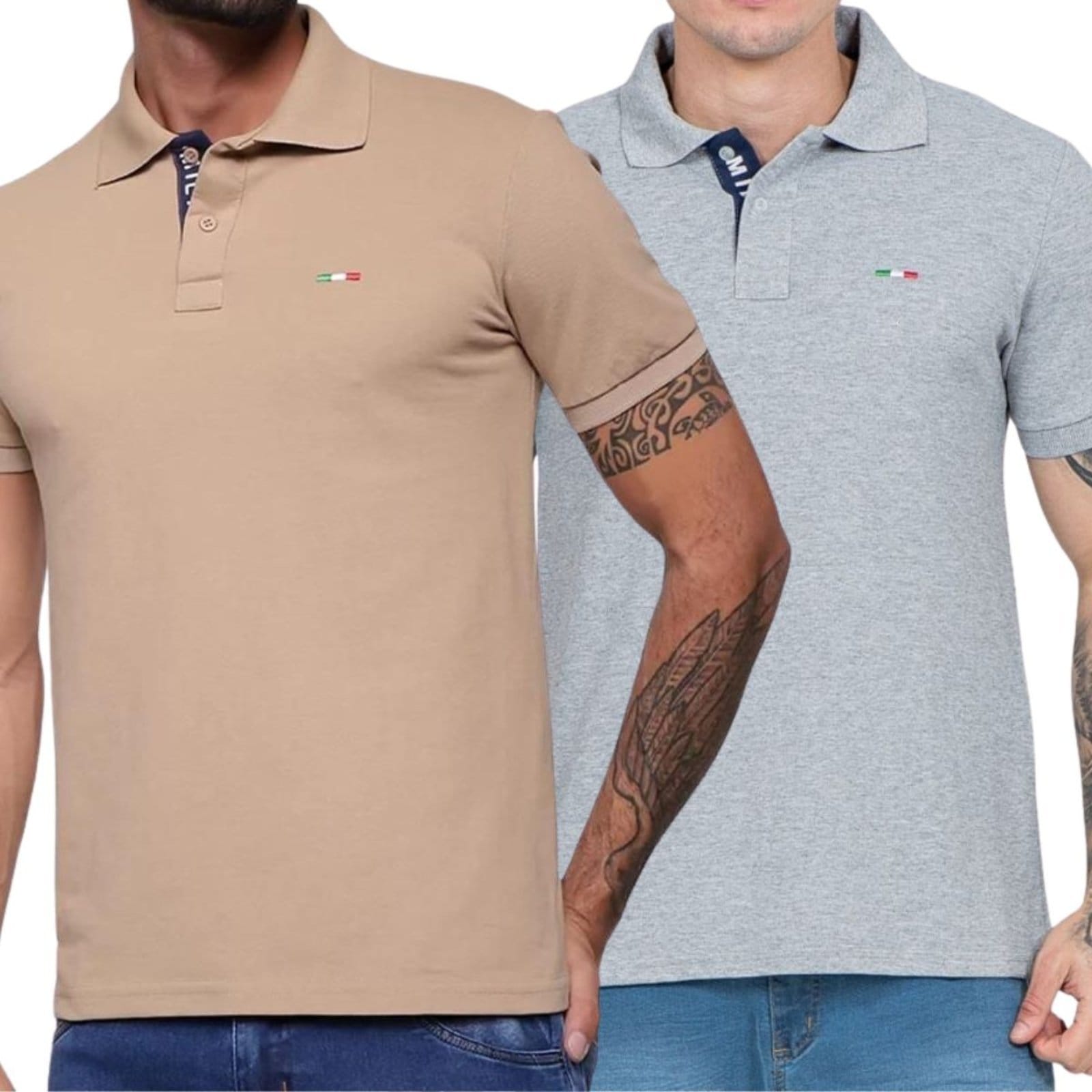 Kit 2 Polos FMF Masculina Básicas Piquet no Estilo Tommy Bordado Itália Bege Cinza