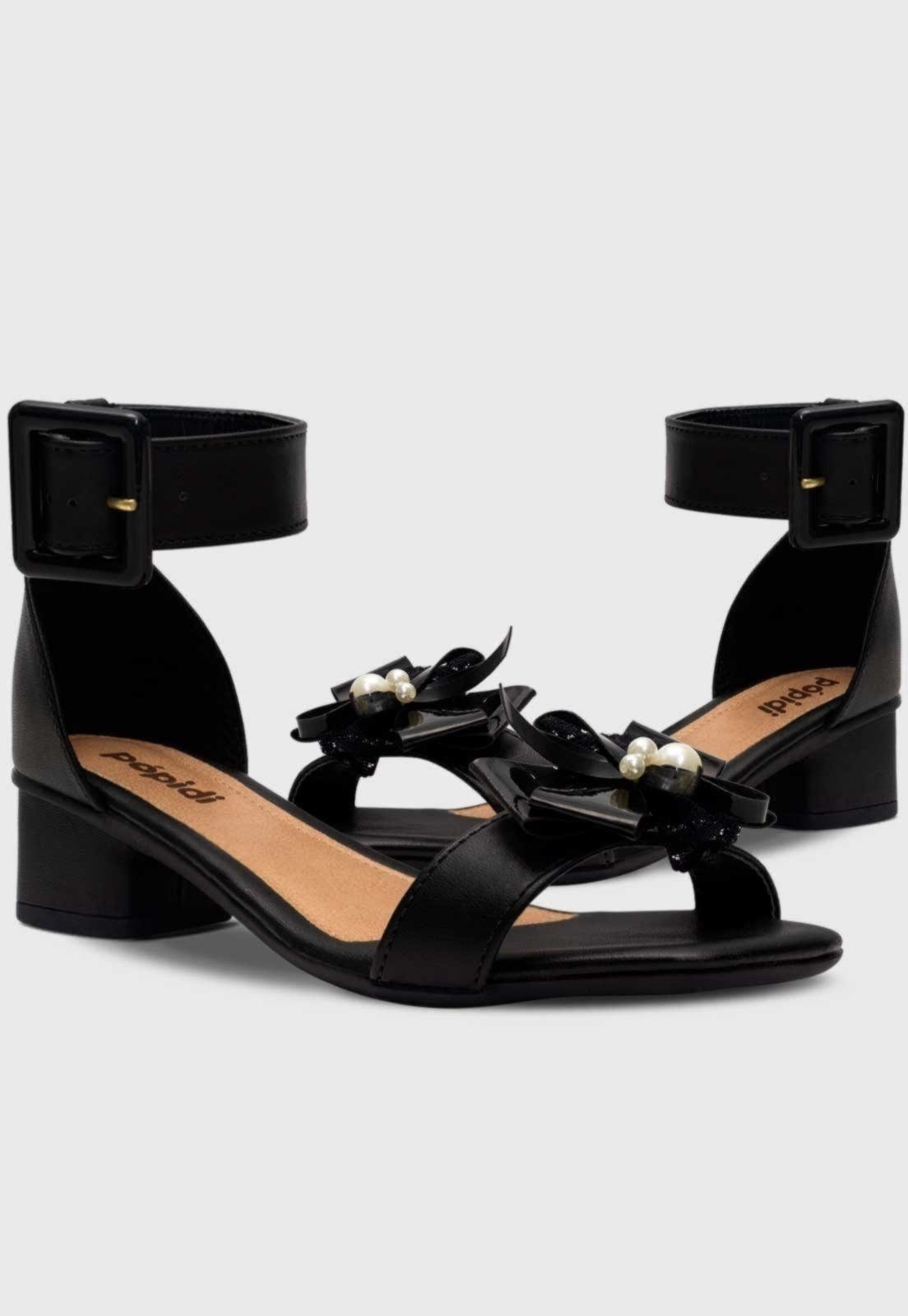 Vista 2 Infantil - Sandália Feminina Pópidi Menina Salto Grosso Perola Renda Pópidí preto