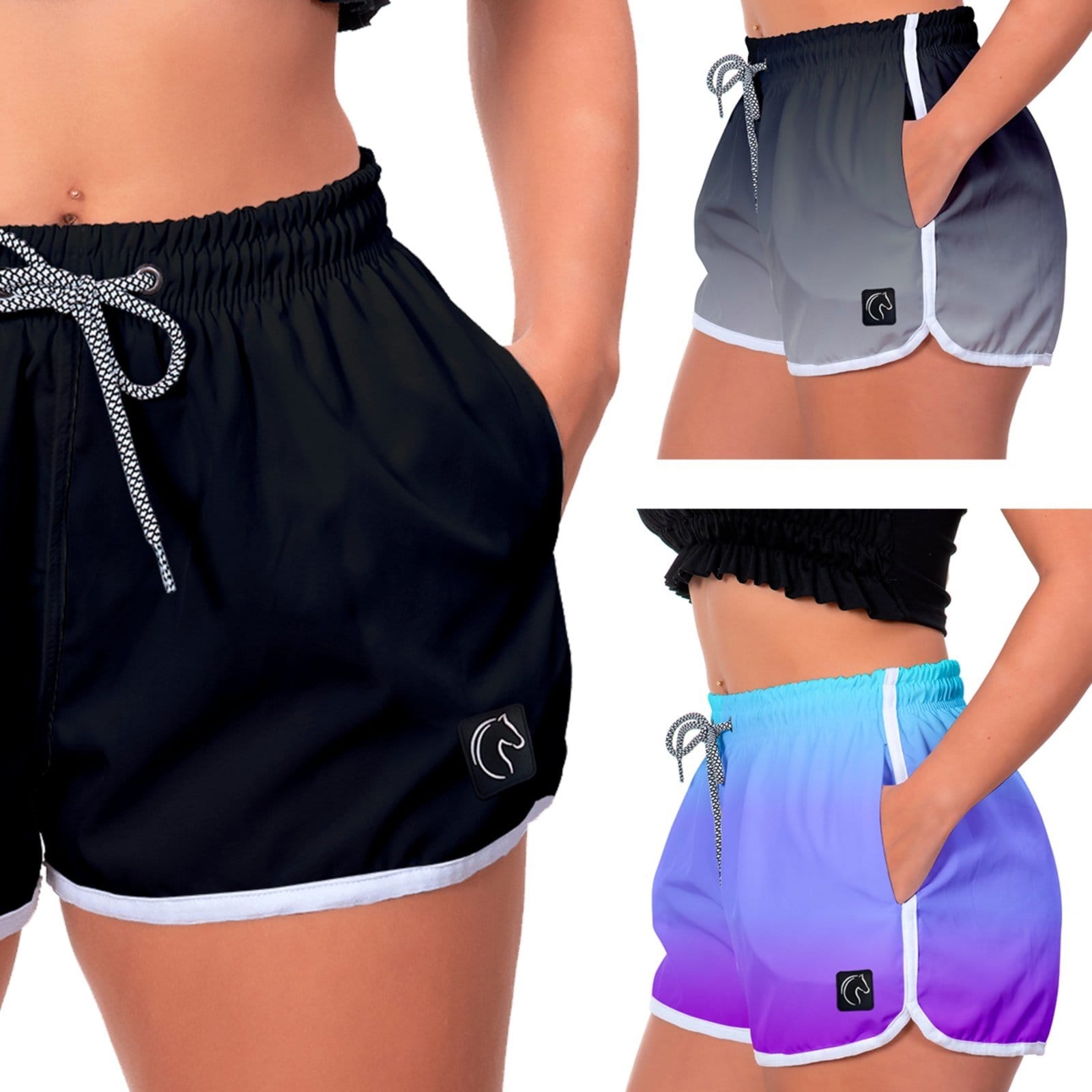 Kit 3 Shorts Feminino Premium Secagem Rápida com Elástico Cordão Ajustável e Bolsos Moda Praia Casual ou Treino Academia Degradê e Degradê