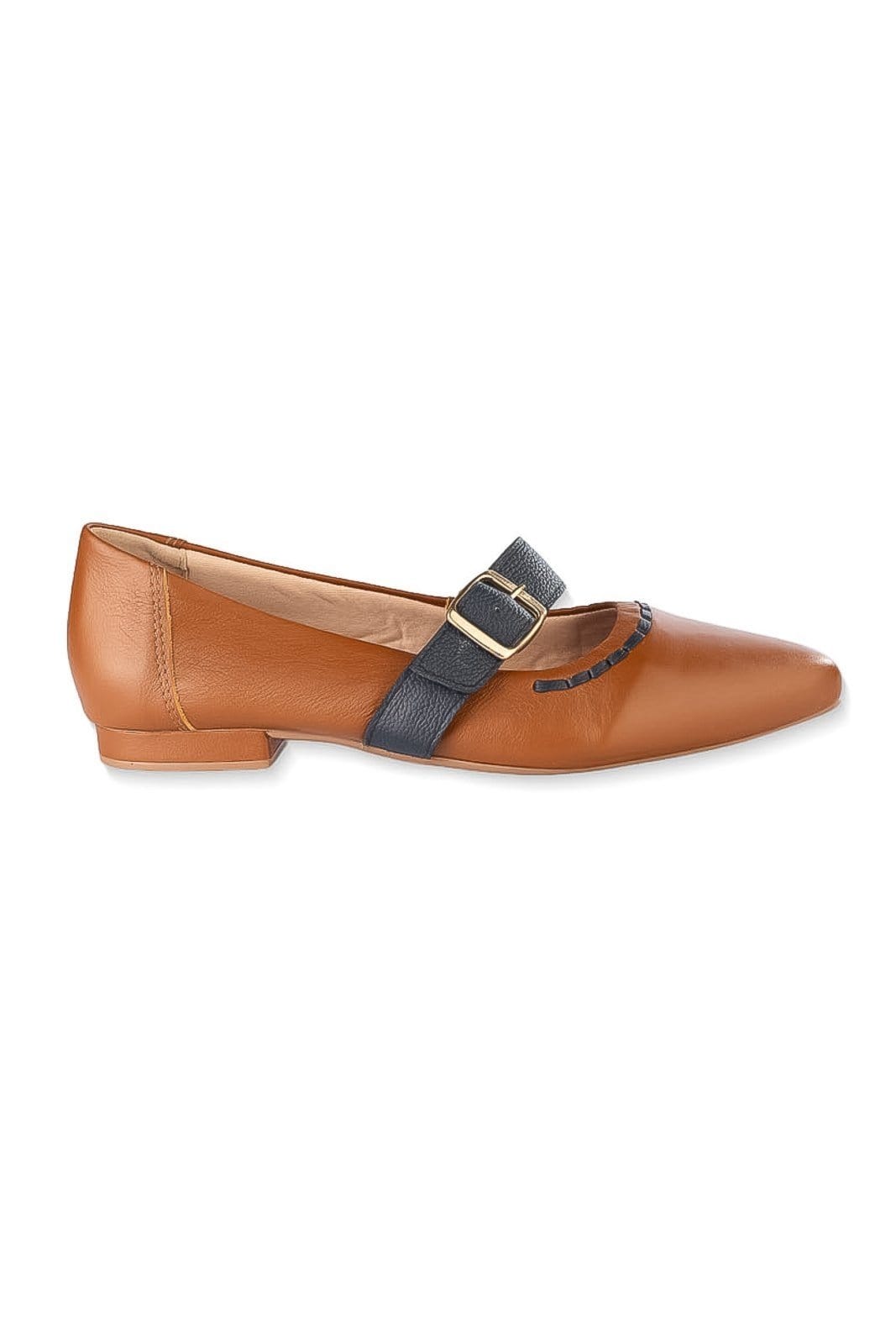 Vista 2 Sapatilha de couro bico fino com detalhe e fivela Alba - Caramelo/Azul Andrea Vinci caramelo azul