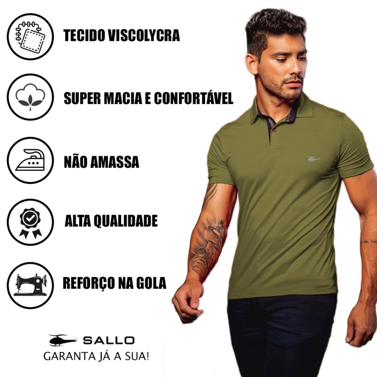 Vista 2 Camiseta Polo Masculina Básica Sallo Premium Militar Oliver Sallo verde
