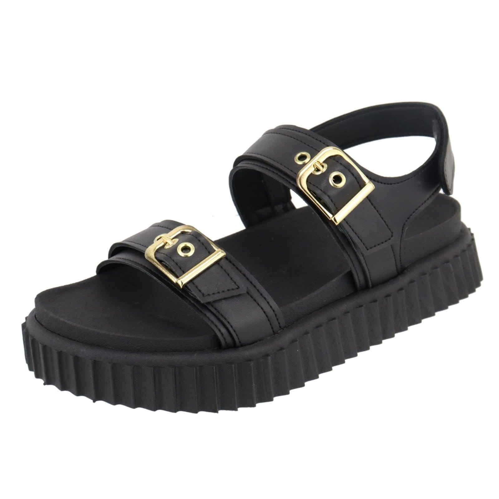 Vista principal Sandalia Papete Flatform Feminina Fivelas Preta Sola Alta TELLINI STORE preto