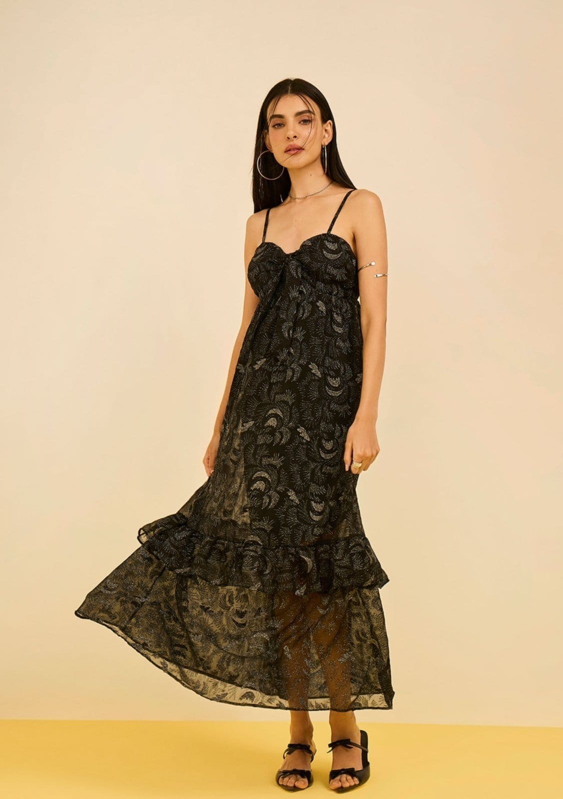 Vestido Zinco Solto Decote Reto Com Alça Midi