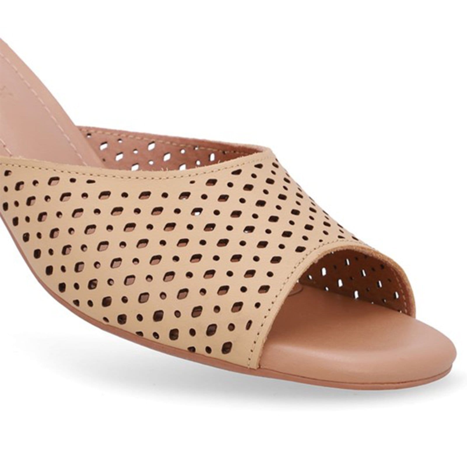 Vista 2 Tamanco Salto Bloco Couro Detalhe Laser Usaflex Creme - 004 Usaflex bege