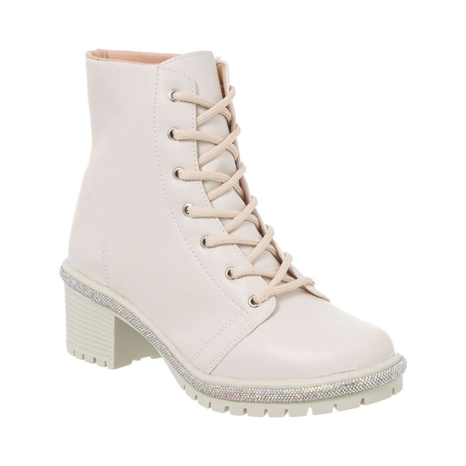Bota Coturno Feminino Strass Cano Curto Saltinho Médio Leve Moda Off White