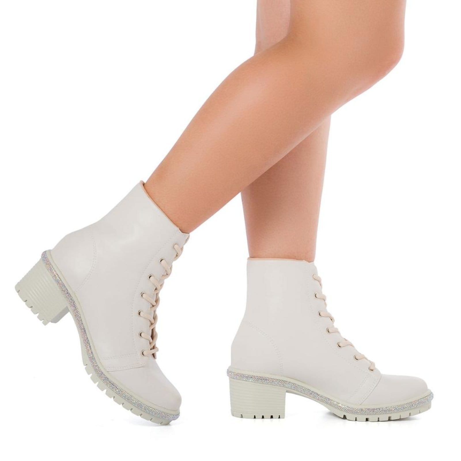 Vista 2 Bota Coturno Feminino Strass Cano Curto Saltinho Médio Leve Moda Off White Stessy Shoes off-white white