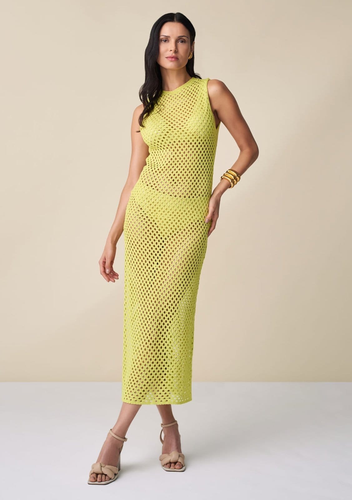 Vestido Maria Valentina Midi Decote Redondo Detalhe Tela