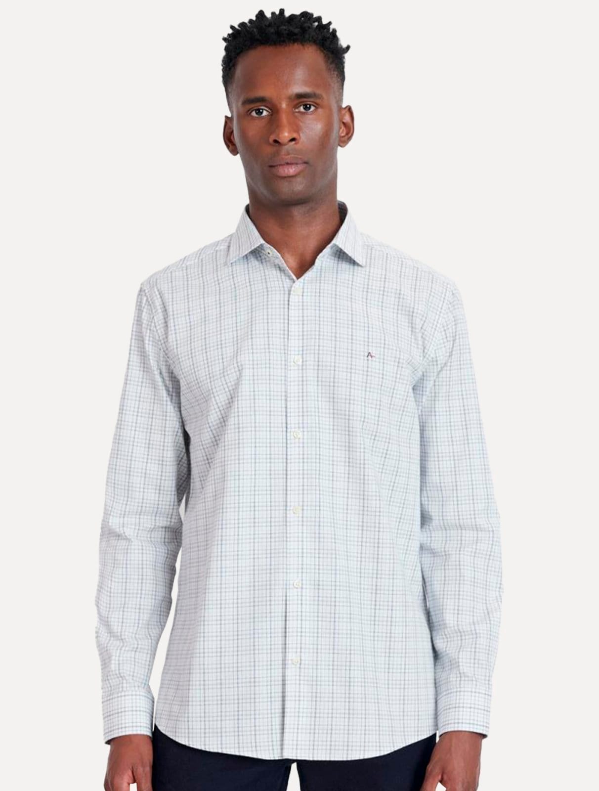 Vista principal Camisa Aramis Masculina Slim Tricoline Micro Grid Xadrez Marinho/Branca Aramis branco