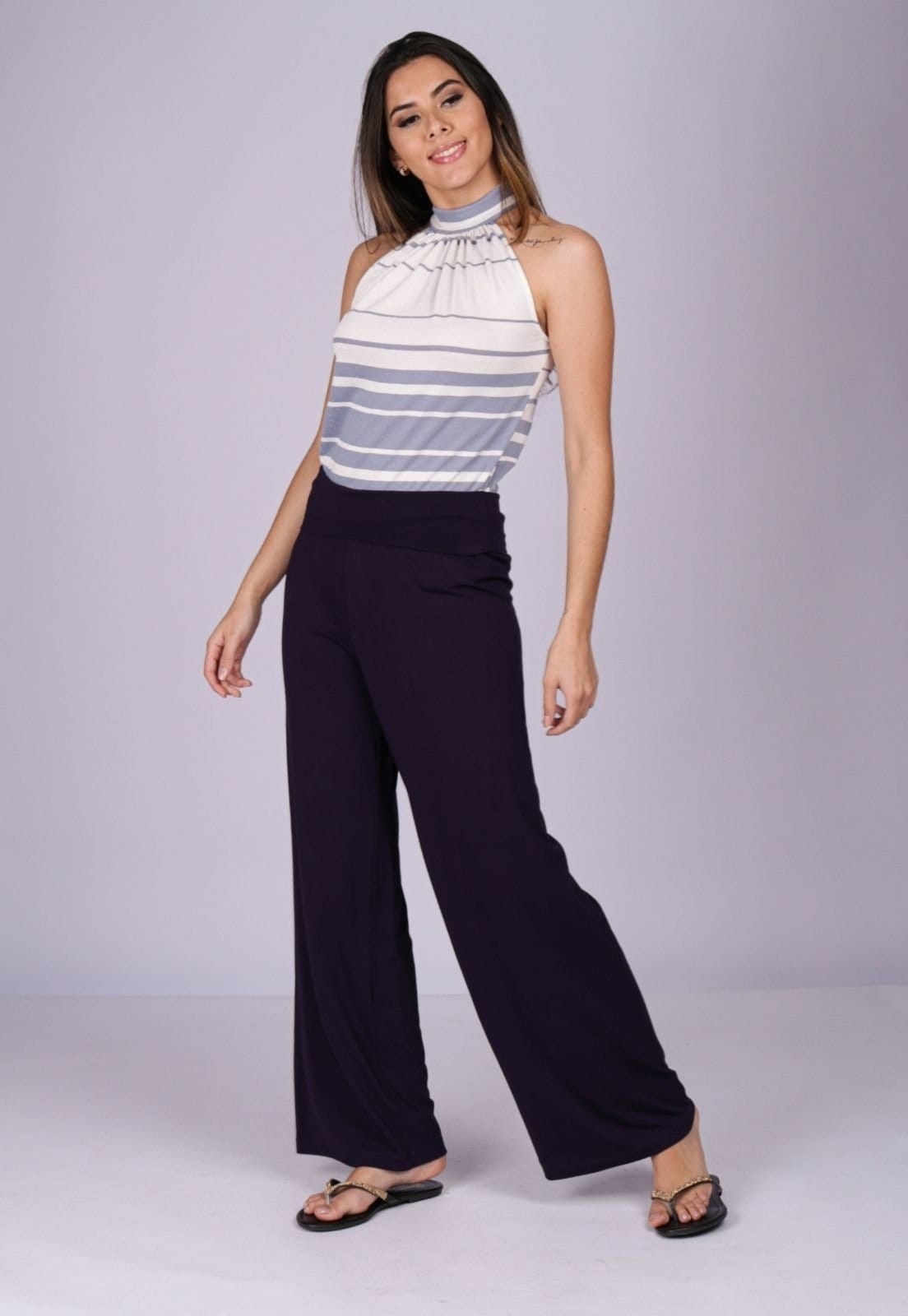 Vista 2 Calça Pantalona Reta Malha Cós Alto Marinho Amazonia Vital azul