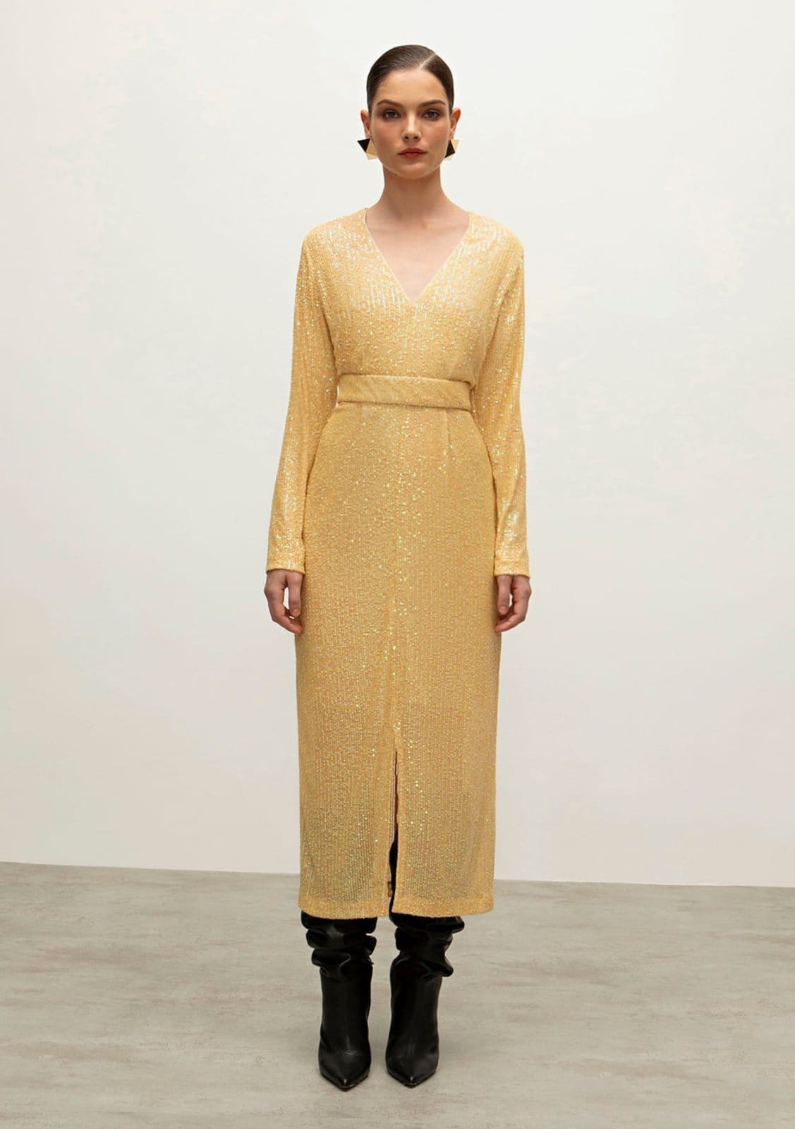 Vista 2 Vestido Iódice Longo Decote V Com Fenda IÓDICE bege