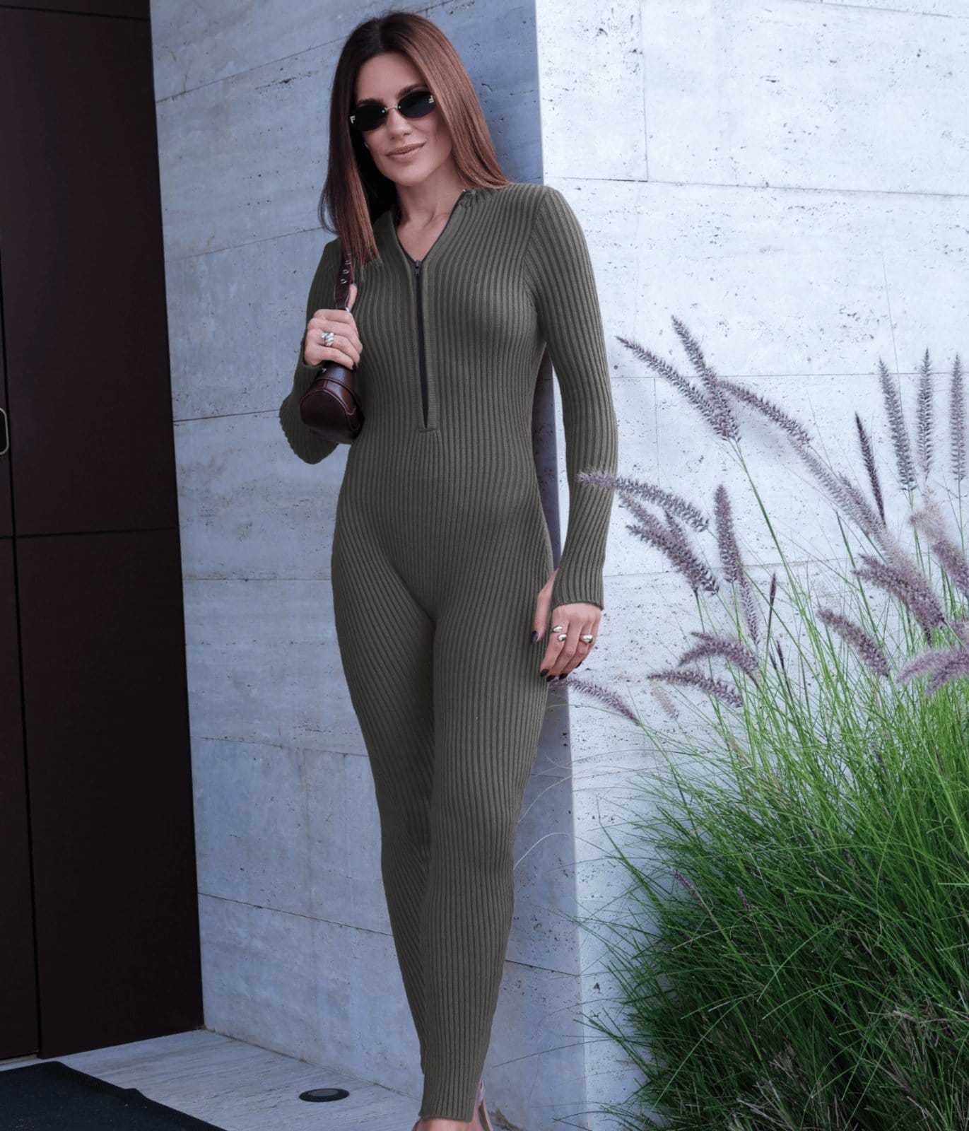 Vista principal Macacão Cherry Line Tricô Manga Longa Ziper Canelado Justo Slim Chumbo Cherry Line cinza