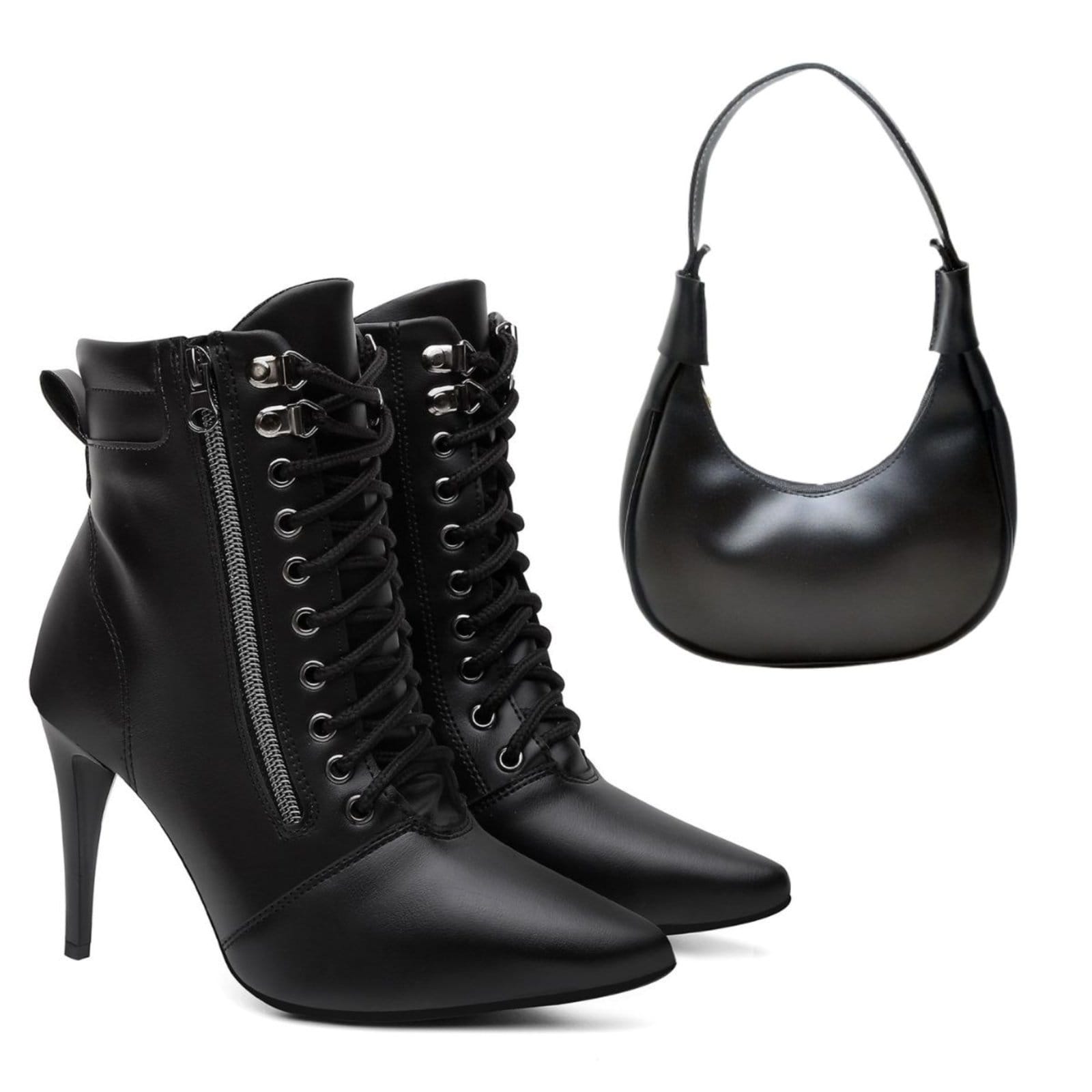 Vista principal Kit Bota Feminina Salto Alto Anna Andrade Bico Fino Cano Médio Zíper Amarrar Tendência e Bolsa Anna Andrade preto