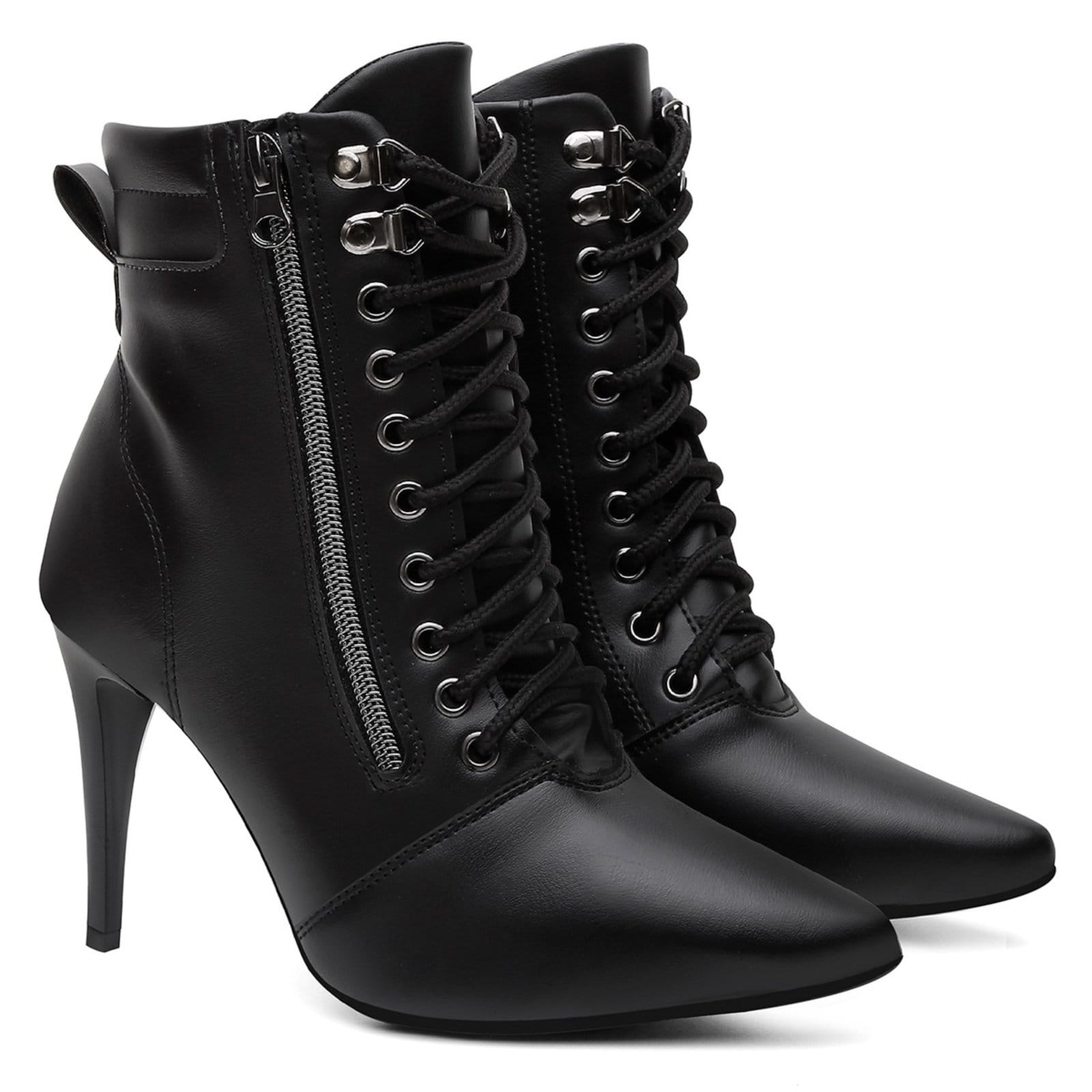 Vista 2 Kit Bota Feminina Salto Alto Anna Andrade Bico Fino Cano Médio Zíper Amarrar Tendência e Bolsa Anna Andrade preto