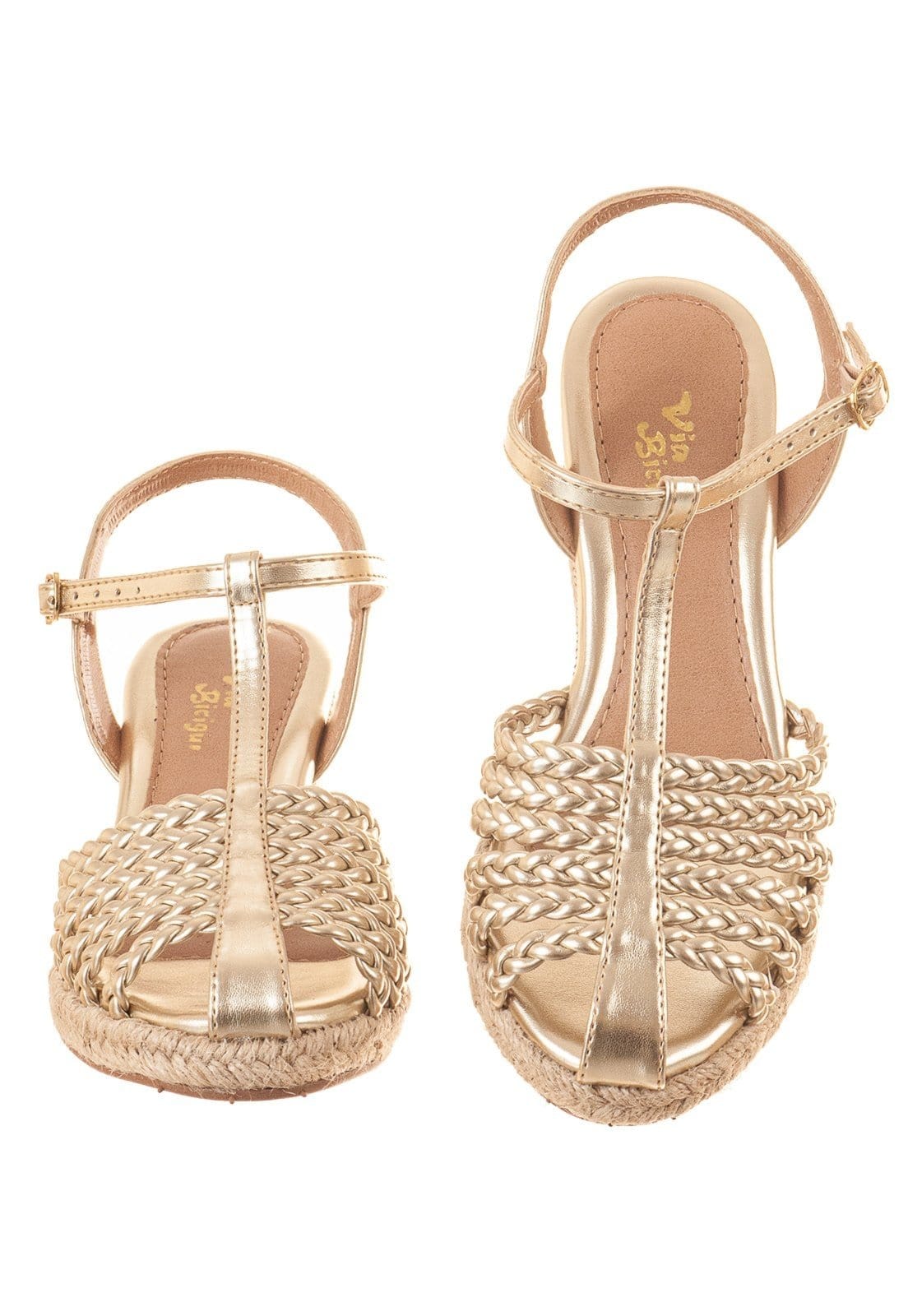 Vista 2 Sandália Fem Anabela C/ Tiras Trançadas Solado de Corda Casual Confortável VIA BIRIGUI dourado