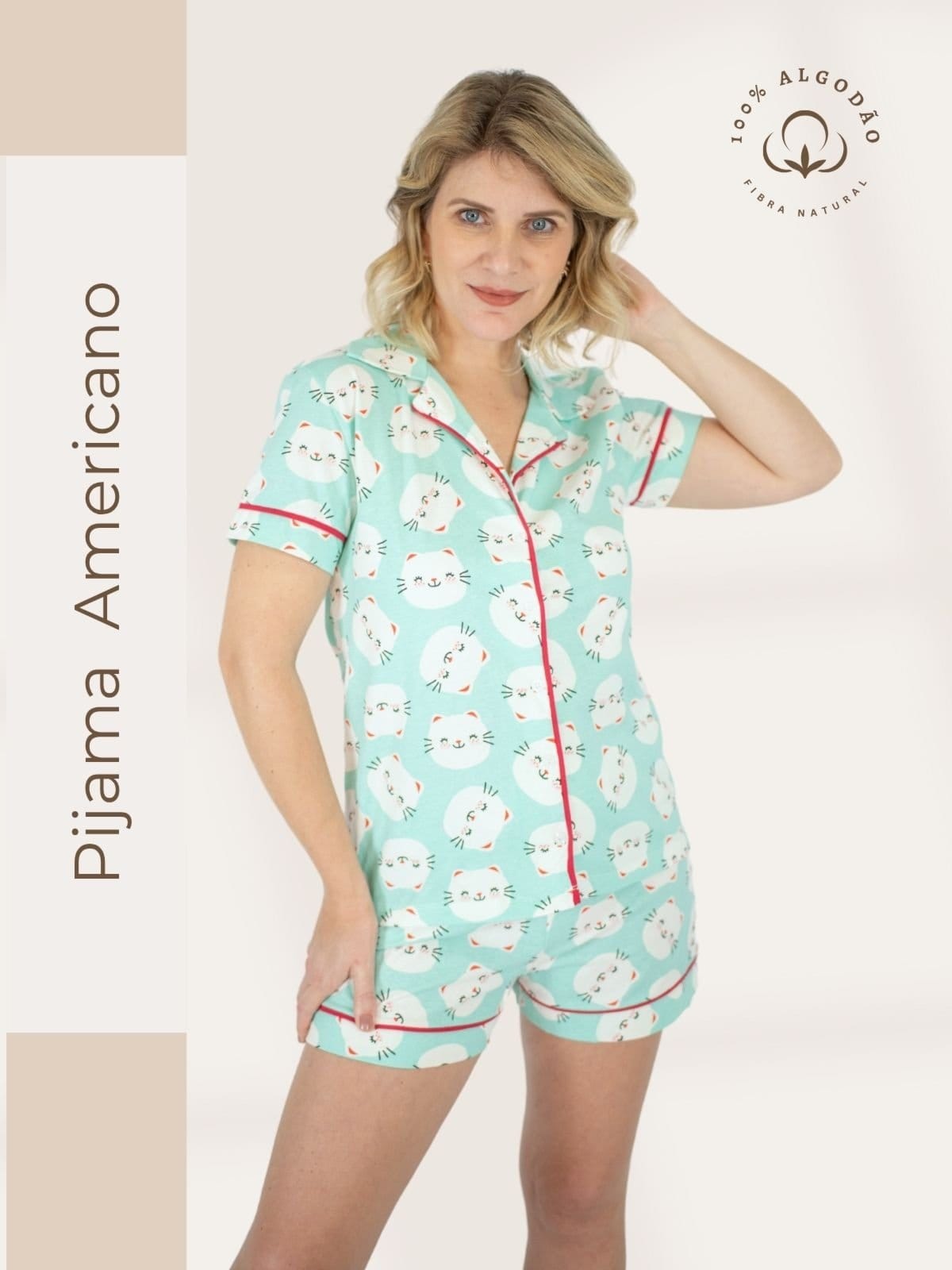 Pijama Piante Algodão Feminino Americano Curto Gatinhos