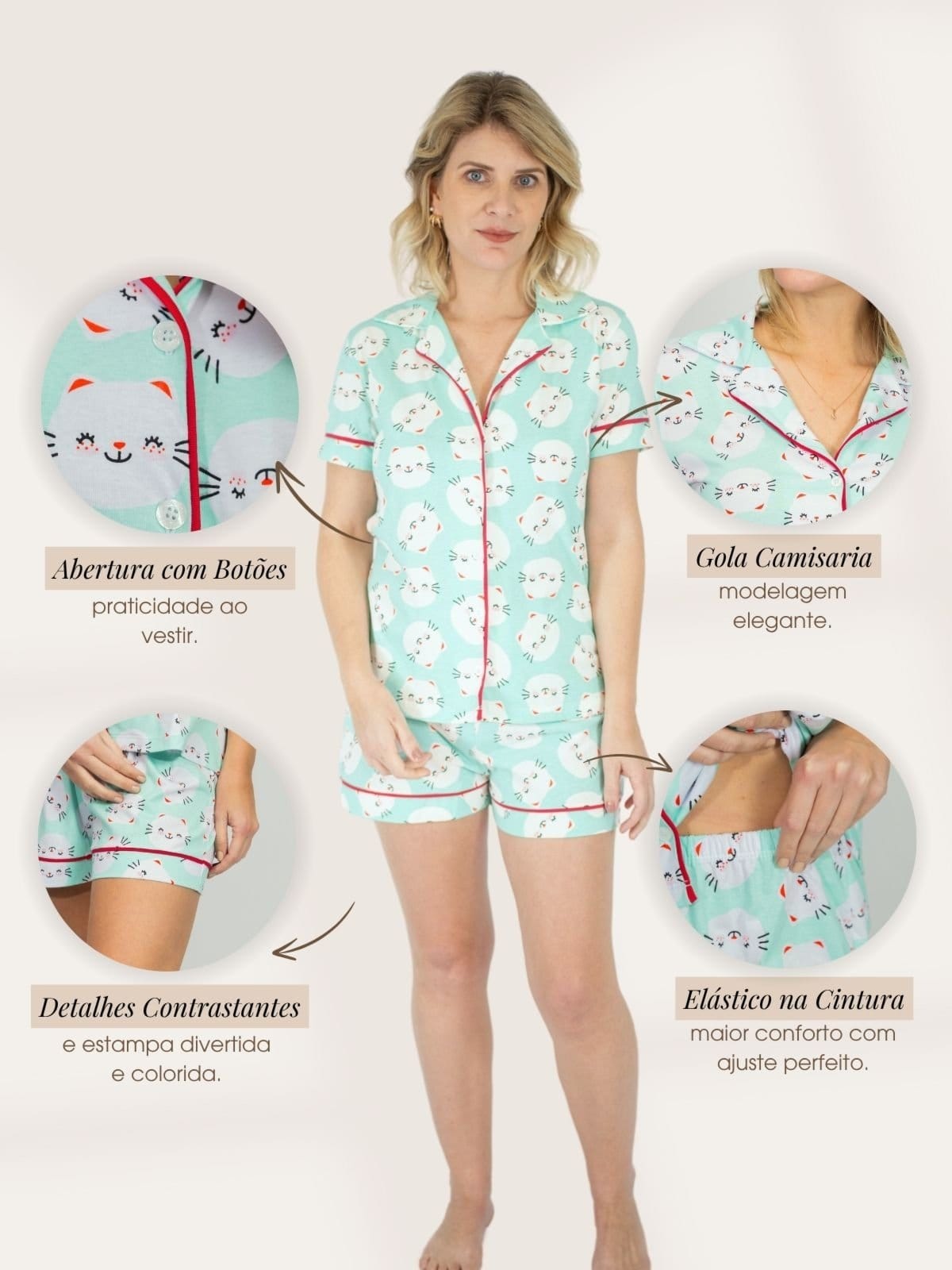 Vista 2 Pijama Piante Algodão Feminino Americano Curto Gatinhos Piante verde