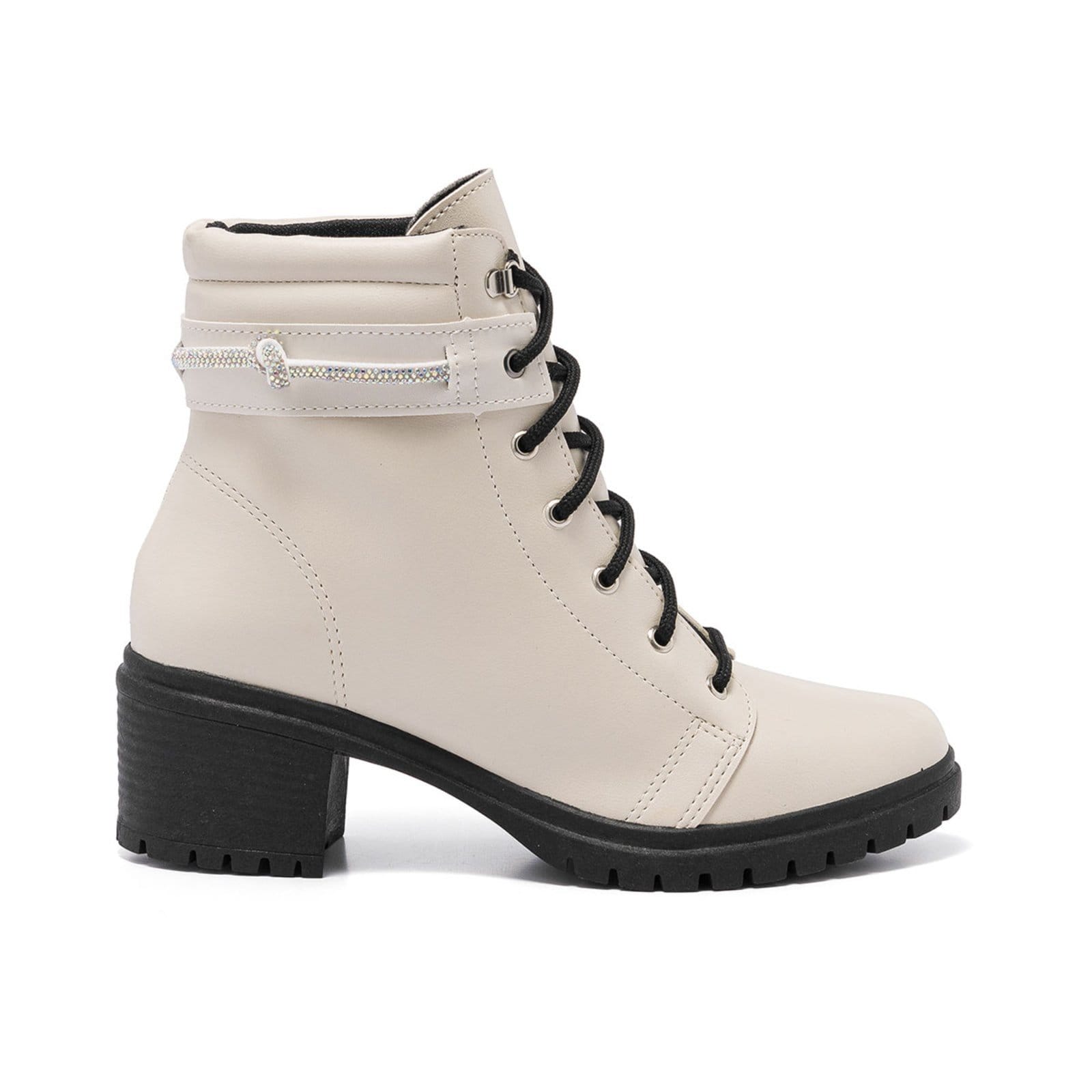 Bota Coturno Feminina Cano Baixo Tratorada Preto Confortável - Strass