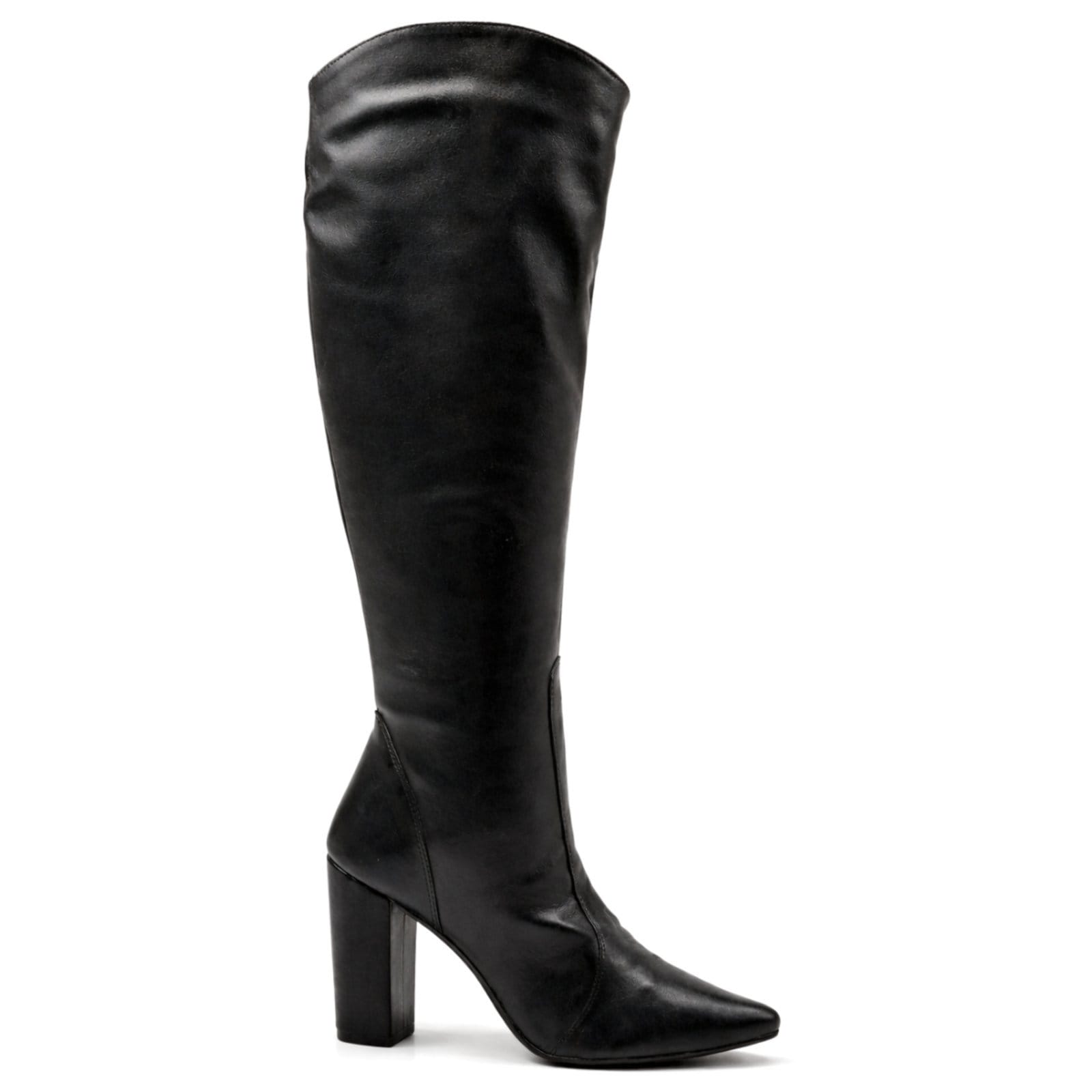 Bota Feminina Cano Longo Bico Fino Salto Grosso Flor da Pele 1818 Preta