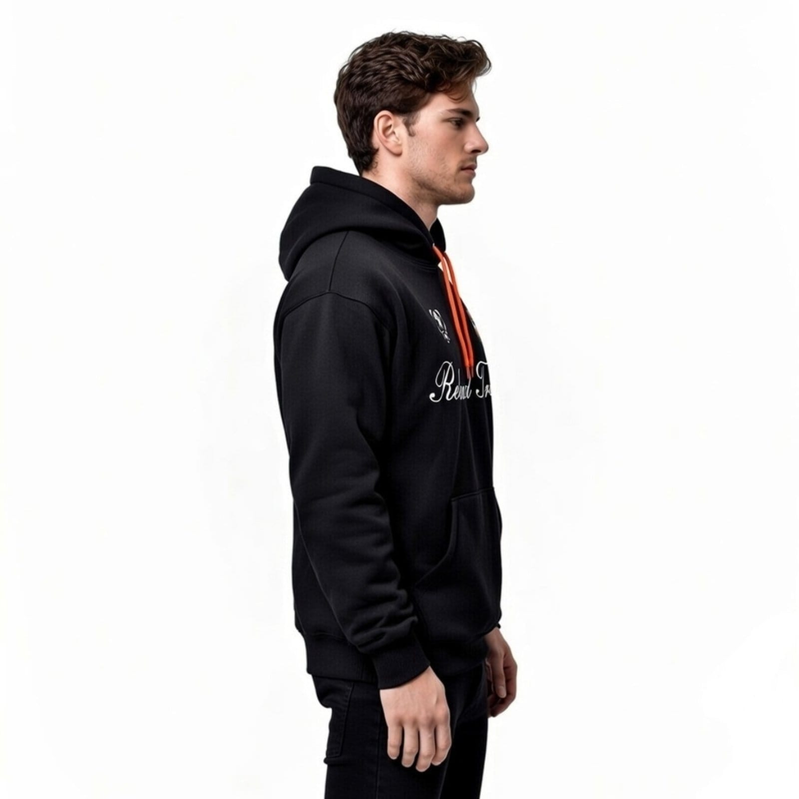 Vista 2 Moletom Modelo Canguru Com Capuz Masculino e Feminino Estampado Relaxado laranja