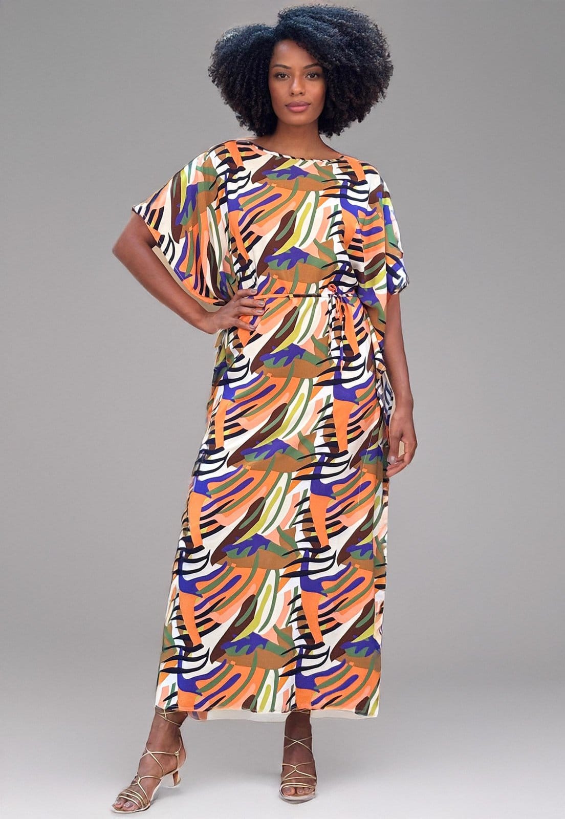 Vestido Amazonia Vital Kaftan Viscose Longo Estampa Cores Vibrante