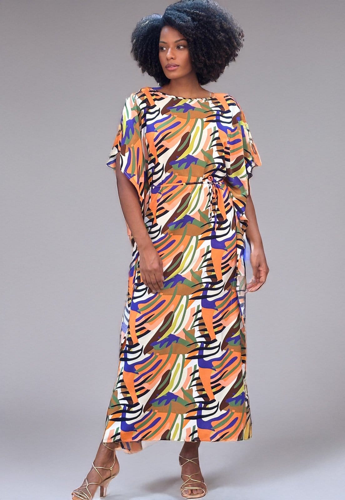 Vista 2 Vestido Amazonia Vital Kaftan Viscose Longo Estampa Cores Vibrante Amazonia Vital estampado/laranja/verde