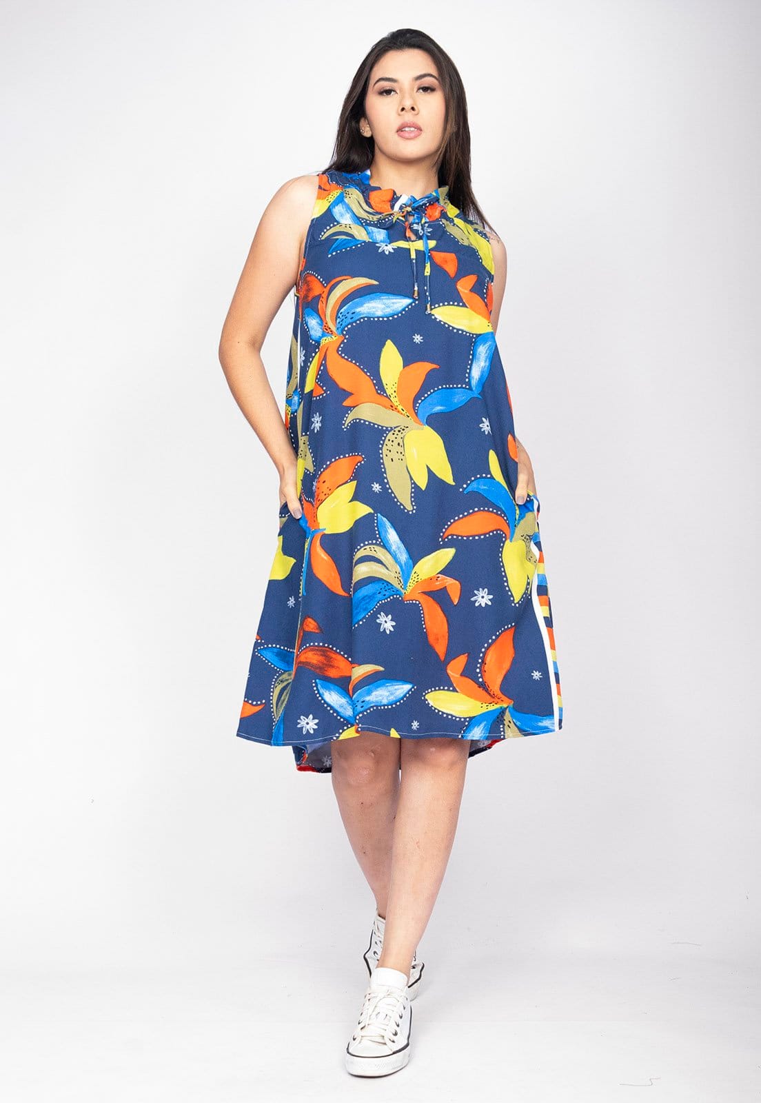 Vista 2 Vestido Midi Cabanafree Viscose Piaf Maré Vibrante Cabanafree amarelo/azul/estampado/laranja/off-white