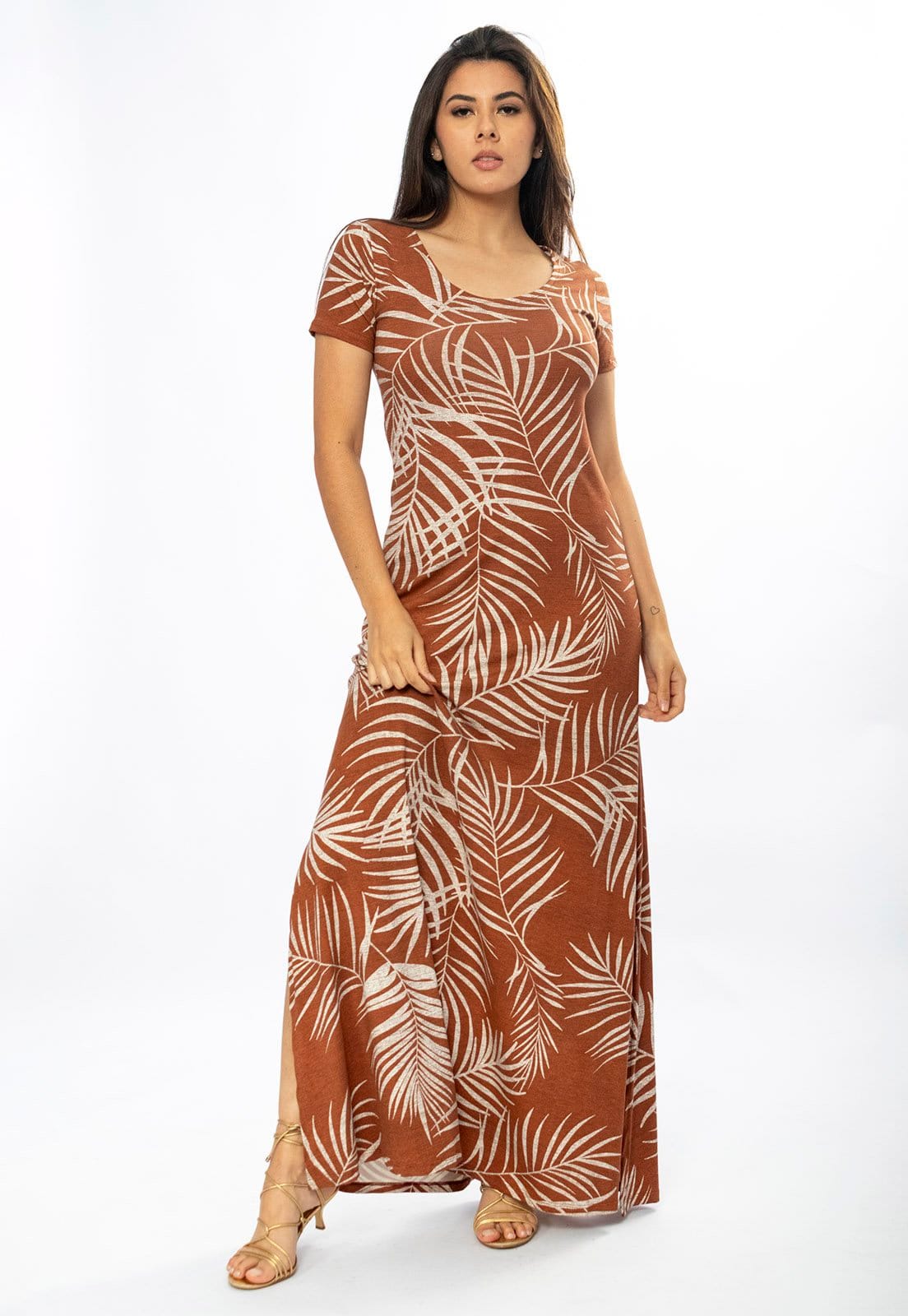 Vista 2 Vestido Longo Cabanafree Malha Gola Canoa Manga Curta Estampa Palmas da Terra Cabanafree estampado/off-white