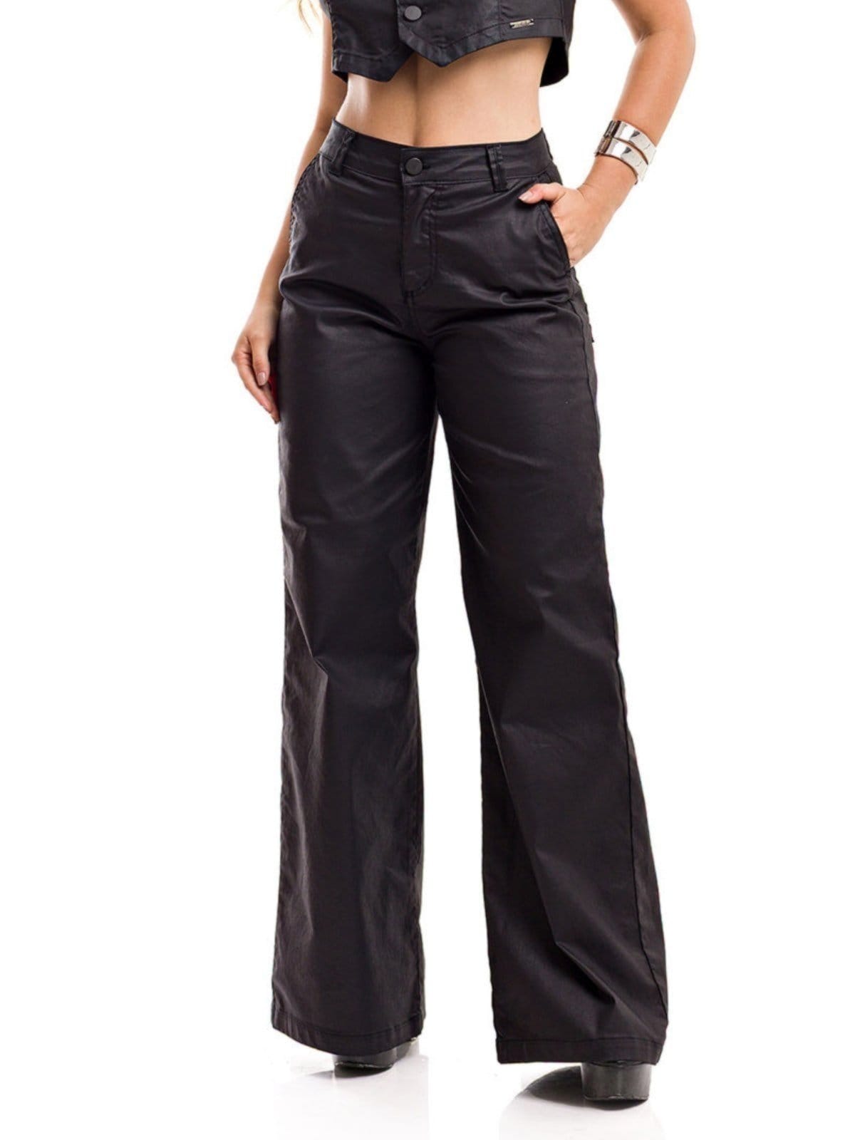 Calça Pantalona Restrito Jeans Resinada Com Elastano