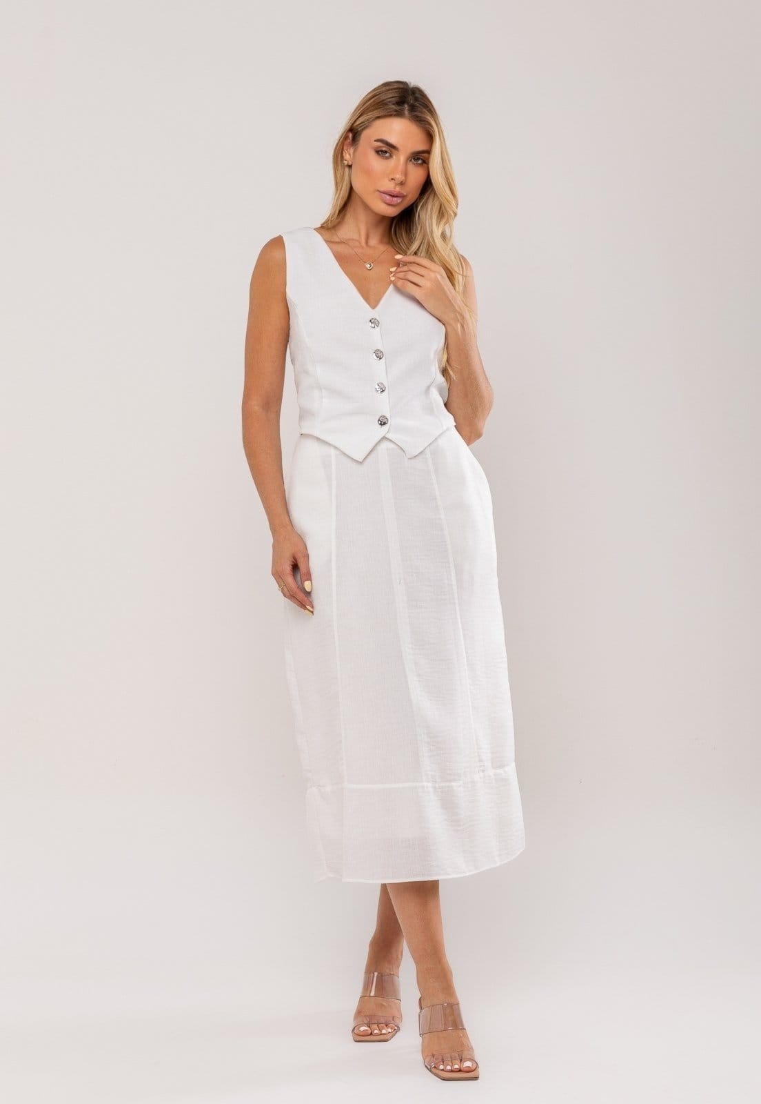 Vista 2 Conjunto Com Colete e Saia Midi Salvatore Salvatore Fashion branco