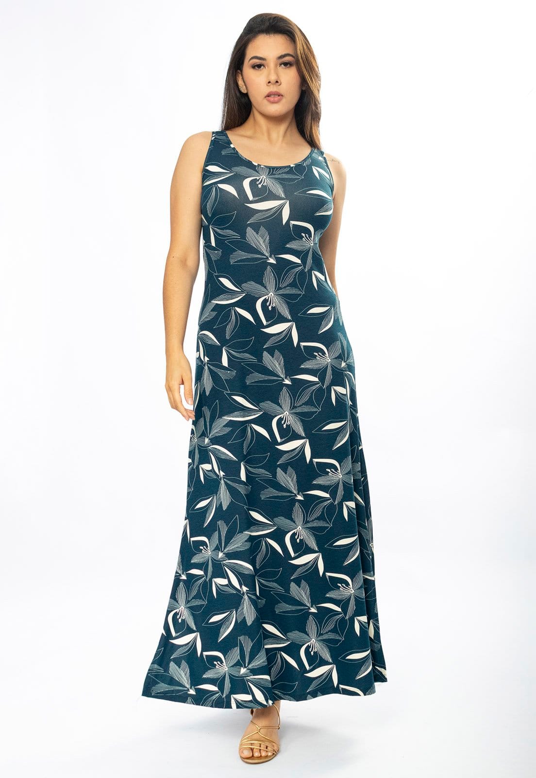 Vista 2 Vestido Longo Cabanafree Butiá Malha Regata Estampa Hibisco Blue Cabanafree estampado/off-white blue