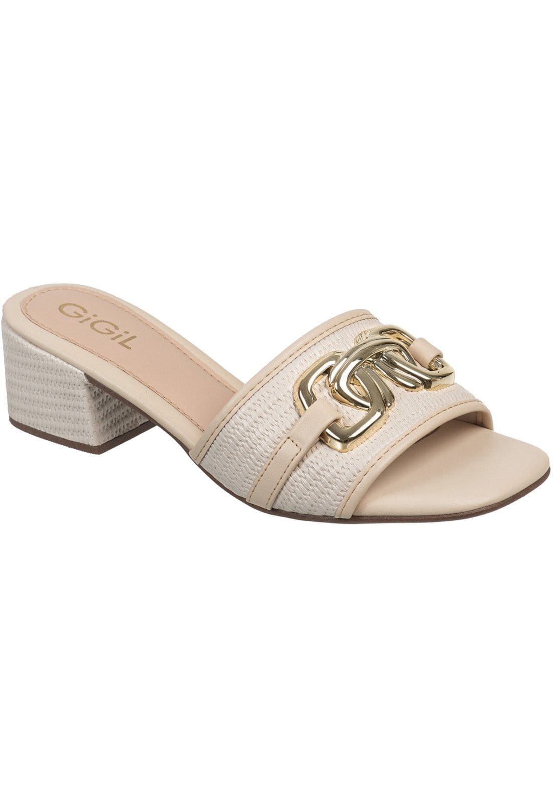 Sandália Feminima GiGiL Tamanco Mule Casual Enfeite Metalizado Salto Bloco Off White