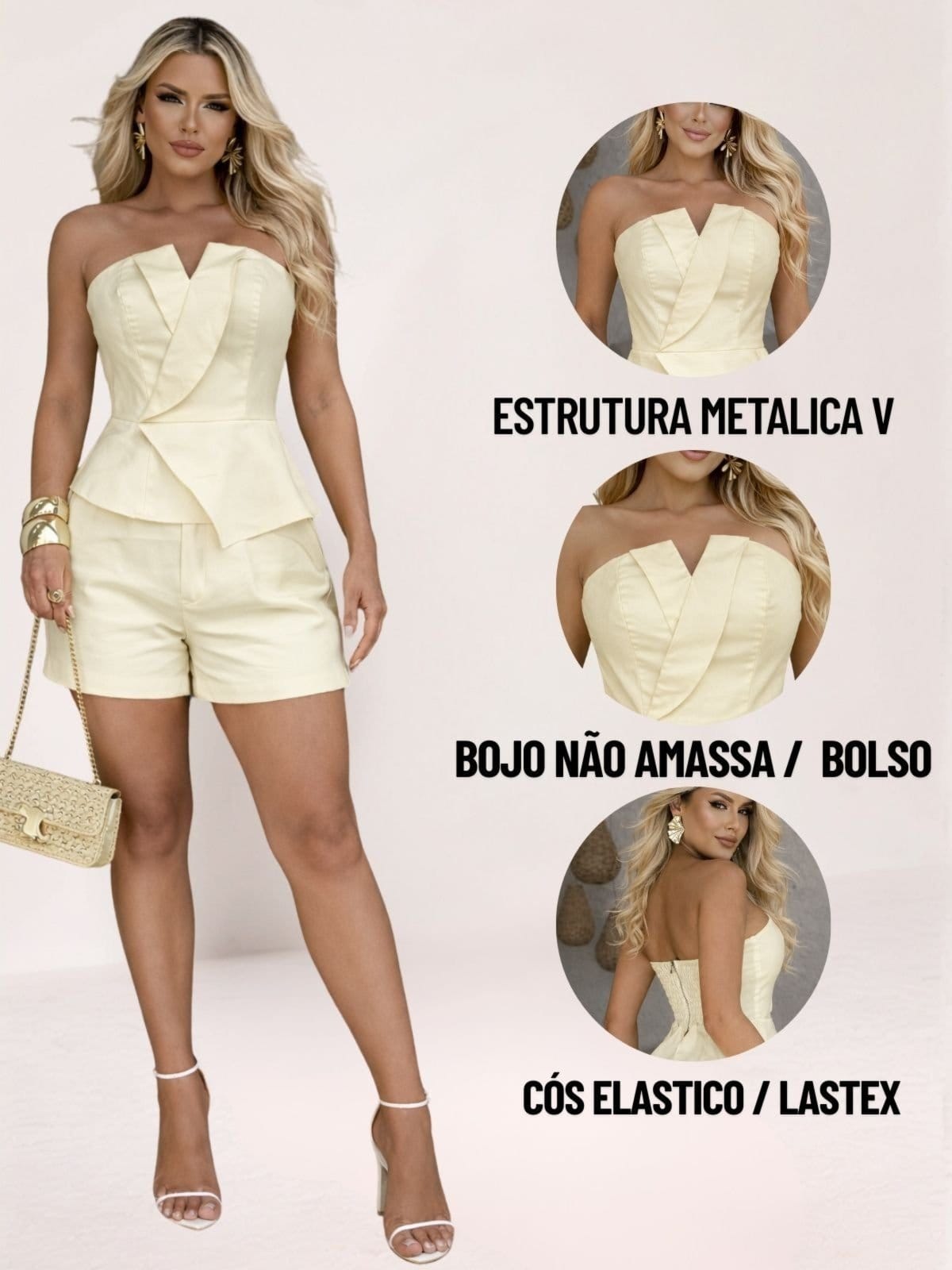 Vista 2 Conjunto Feminino Tropical Fashion Tomara Que Caia e Shorts Alfaiataria - Amarelo Malibu TROPICAL FASHION verde