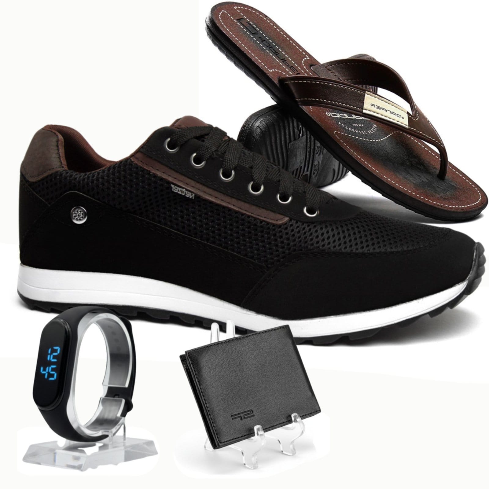 Sapatênis Masculino Tênis Casual Jogging + Chinelo Danper + Carteira + Relógio Digital