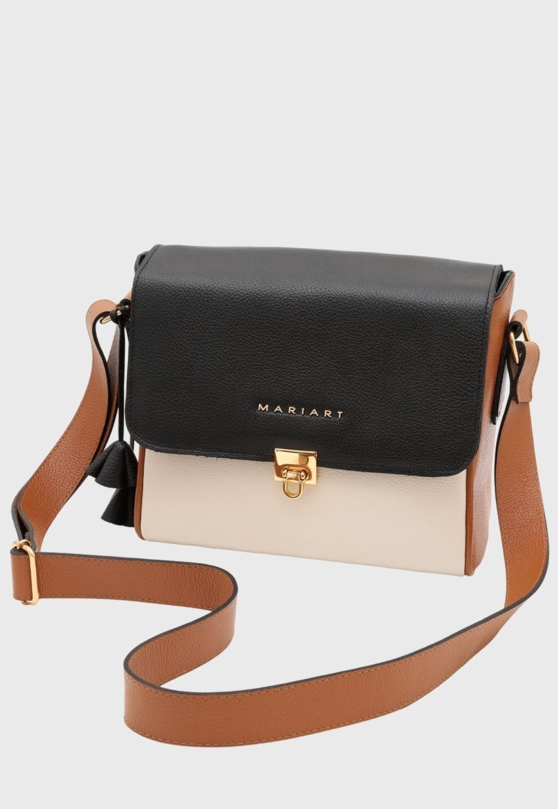 Bolsa Transversal Couro Mariart Âmbar Off White/Camel/Preta