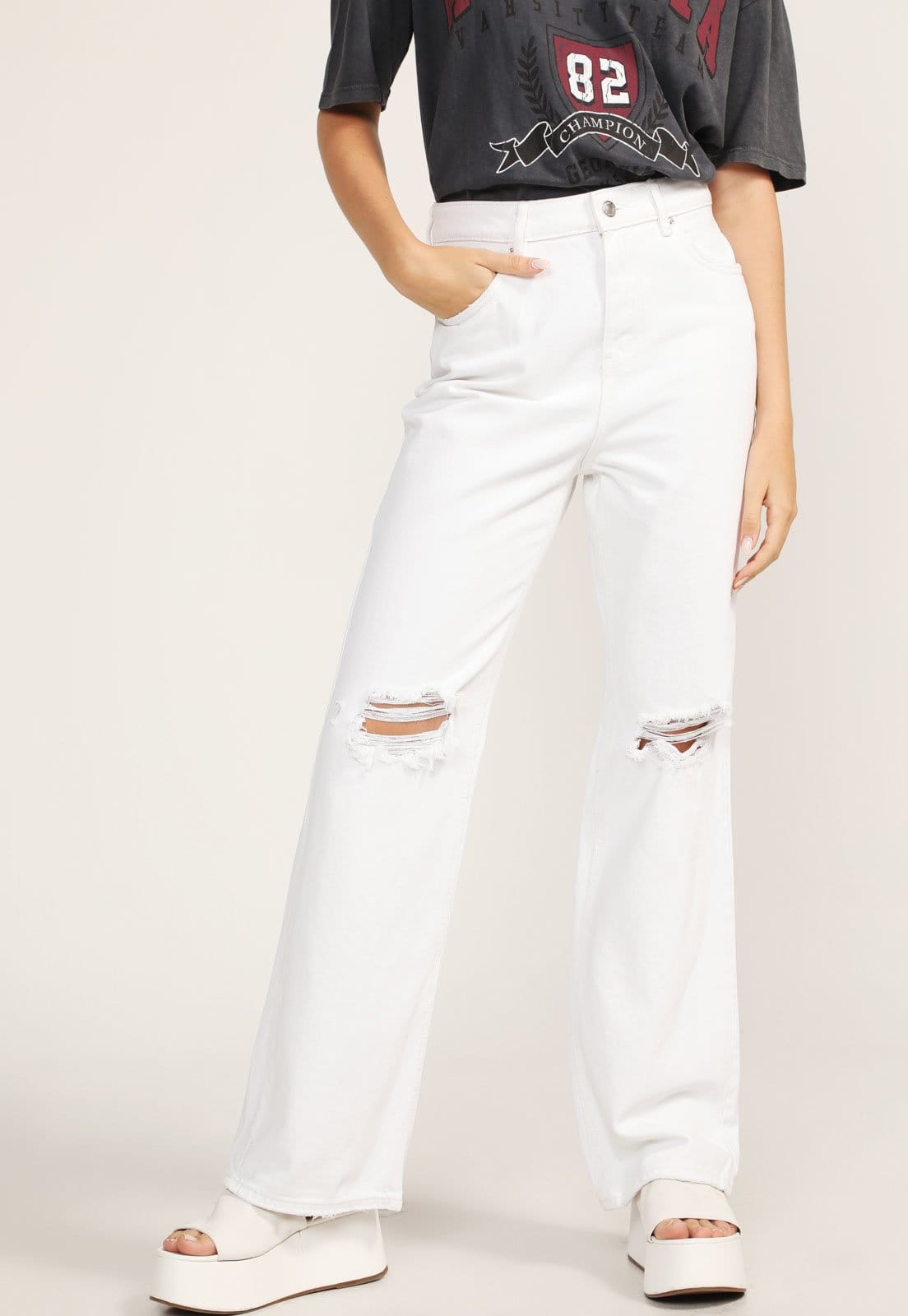Vista principal Calça Jeans Vero Moda Wide Leg Destroyed Branca Vero Moda branco