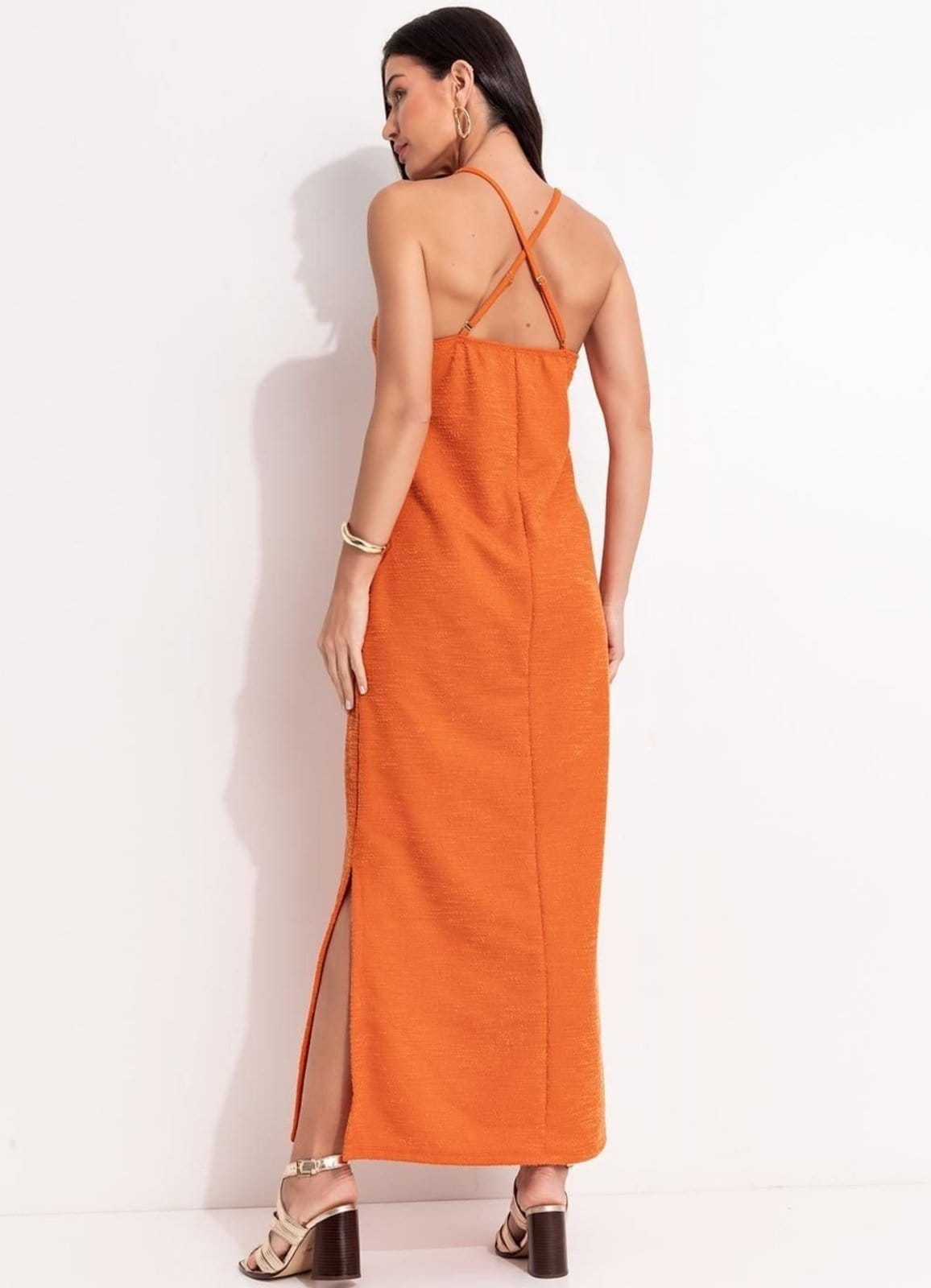 Vista 2 Vestido Em Malha Texturizada Escuro Quintess laranja