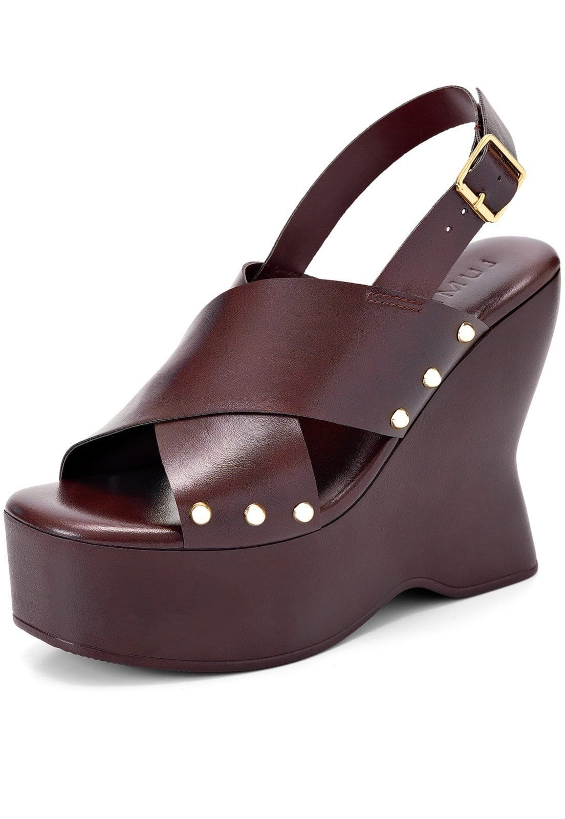 Vista principal Sandália Feminina Lumiss Plataforma Anabela Alta Tachas Dourada Rebite LUMISS marrom