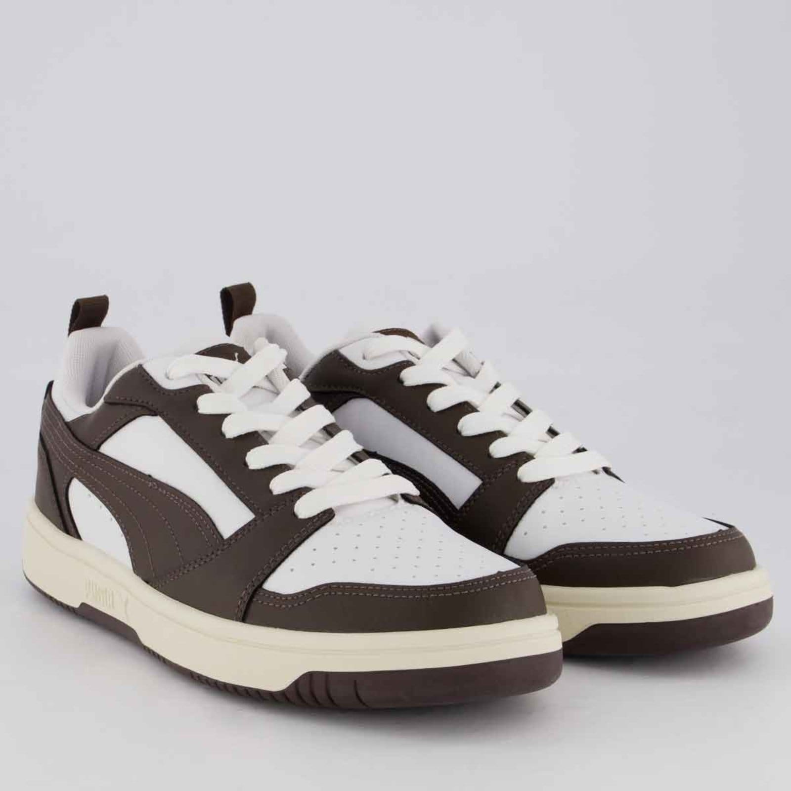 Vista 2 Tênis Puma Rebound V6 Low e Marrom Puma branco