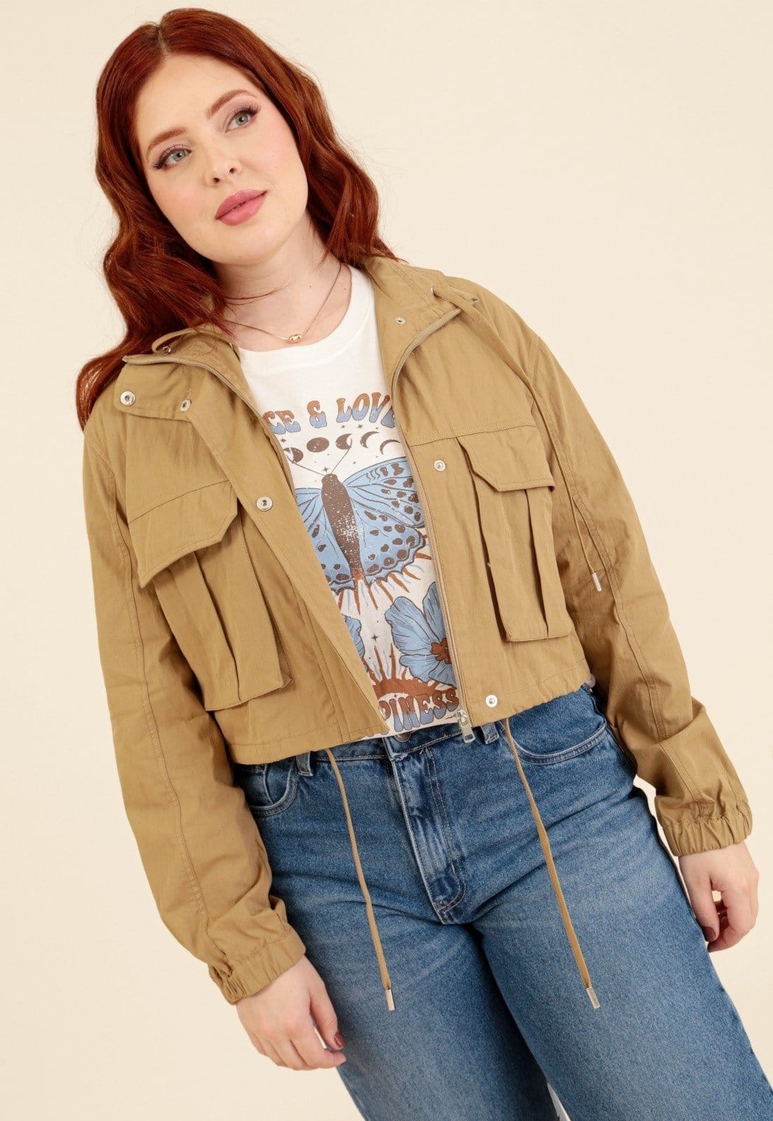 Vista principal Jaqueta Pop Me Com Bolso Frontal E Puxador Em Algodão Pop Me bege