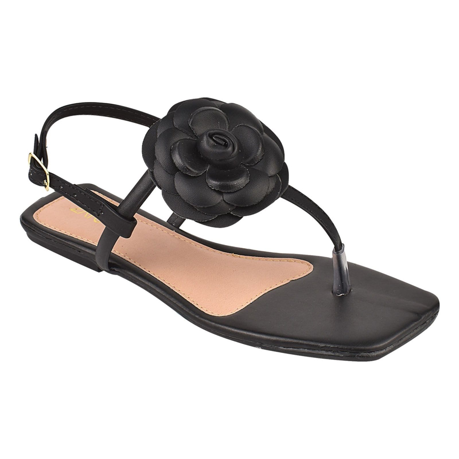 Vista 2 Sandália Rasteirinha Feminina com Fivela e Flor Leve Macia Estilo Casual Verão ZATURE STORES preto