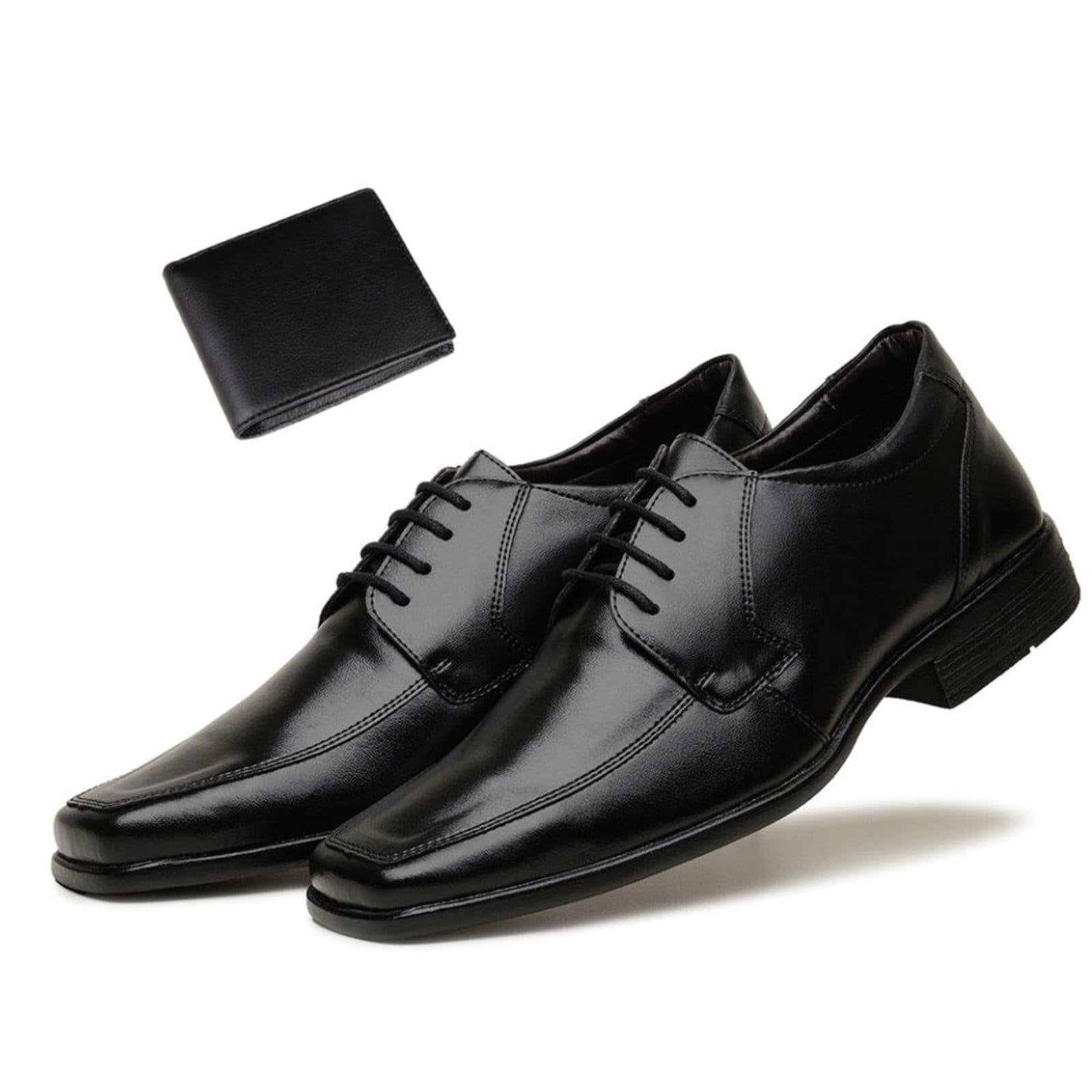 Vista principal Kit Sapato Social Masculino Classico Macio Ortopédico Confortável Básico + Carteira Bia Ramos preto